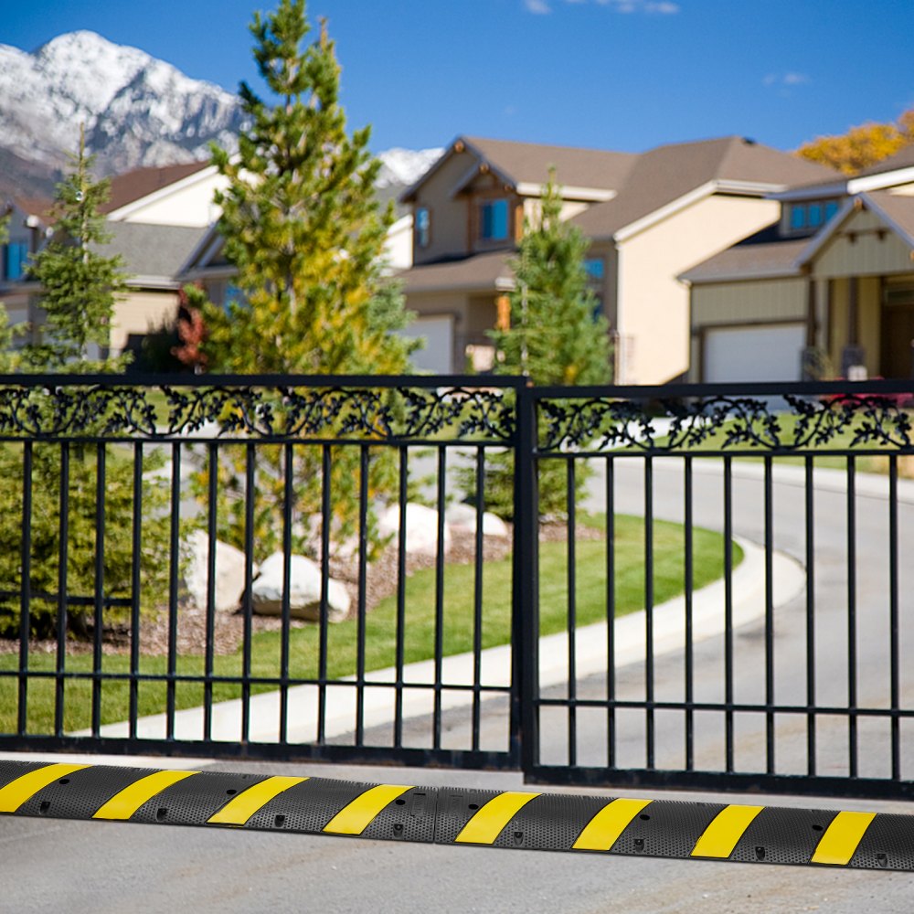 VEVOR 6 ft/72'' Rubber Speed Hump, 2 Channel, 22000 lbs Load Capacity Heavy Duty Traffic Speed Bump, with High Reflective Yellow Strip 4 Expansion Screws and 1 Drill, for Asphalt Concrete Gravel Roads