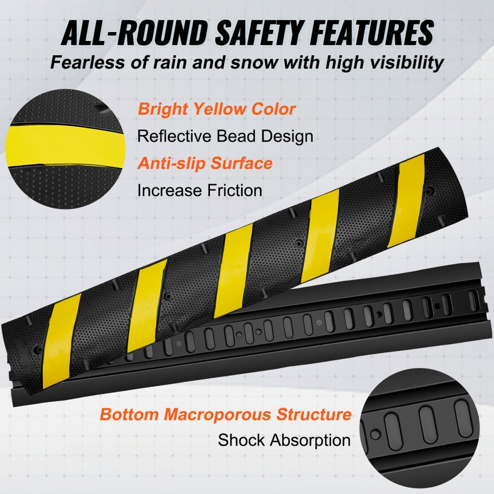 VEVOR 2PCs 6 ft/72'' Rubber Speed Hump, 2 Channel, 22000 lbs Capacity Heavy Duty Traffic Speed Bump, with High Reflective Yellow Strip 8 Expansion Screws and 1 Drill, for Asphalt Concrete Gravel Roads