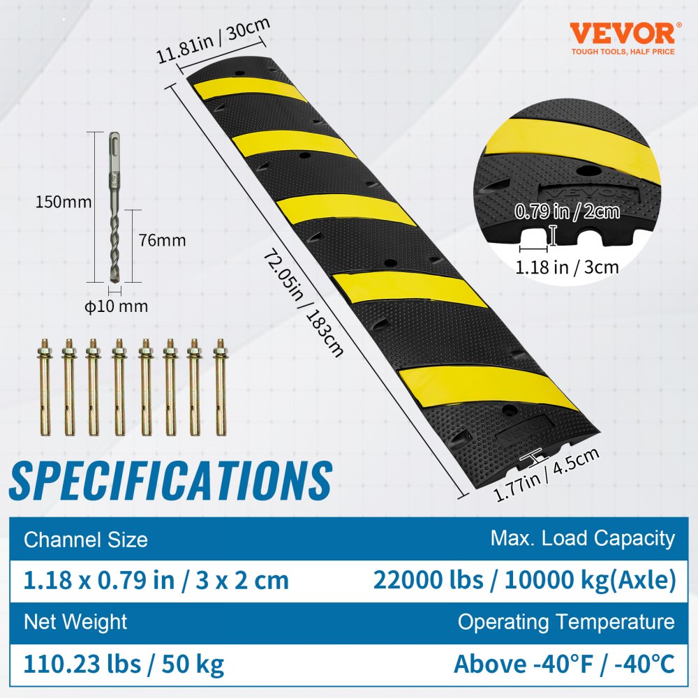 VEVOR 2PCs 6 ft/72'' Rubber Speed Hump, 2 Channel, 22000 lbs Capacity Heavy Duty Traffic Speed Bump, with High Reflective Yellow Strip 8 Expansion Screws and 1 Drill, for Asphalt Concrete Gravel Roads