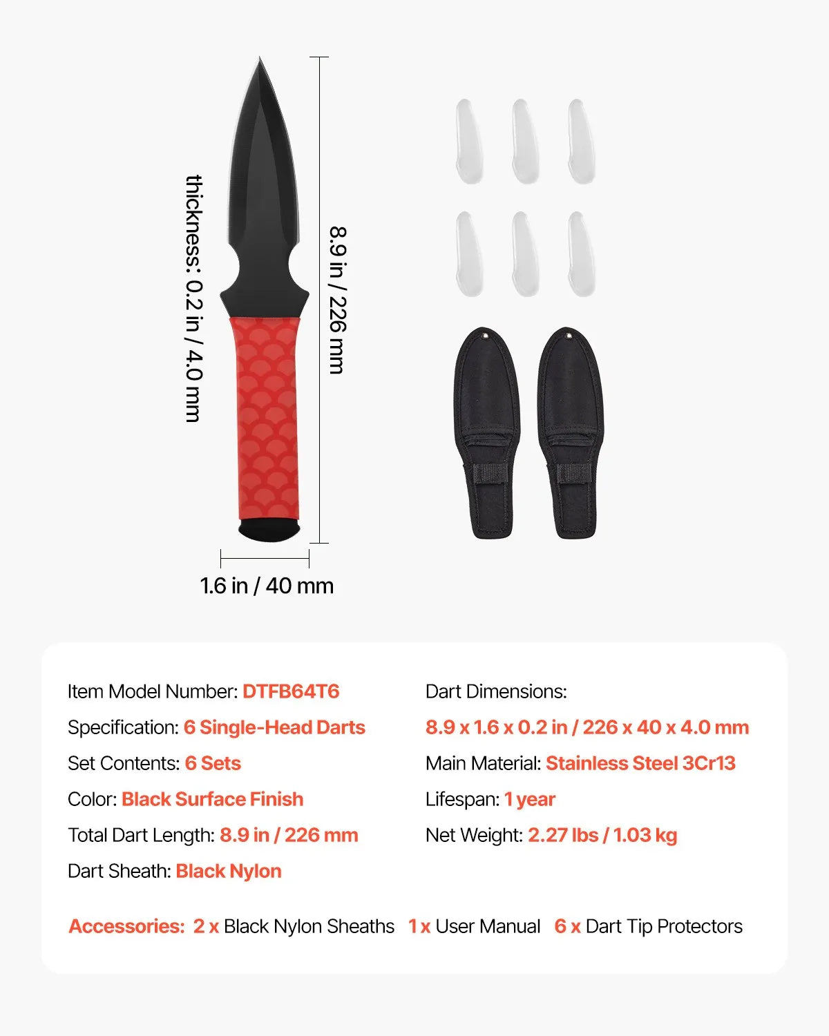 VEVOR Throwing Products Set 6 Pack 8.9 inch Stainless Steel with Nylon Sheath