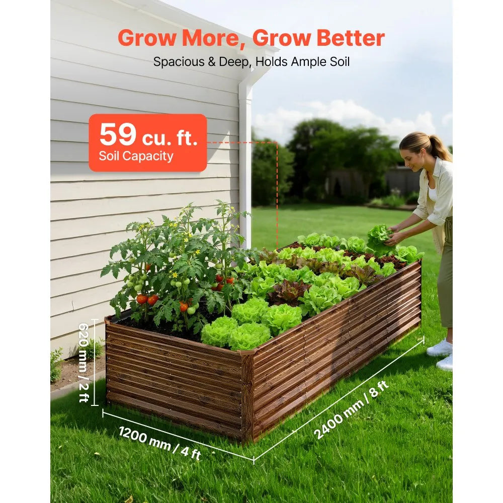 VEVOR 8 x 4 x 2 ft Galvanized Raised Garden Bed – Deep Wood Grain Finish
