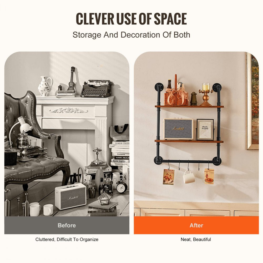 VEVOR Industrial Pipe Shelf 2 Tier 24x7.87in Wall-Mount for Kitchen Bedroom