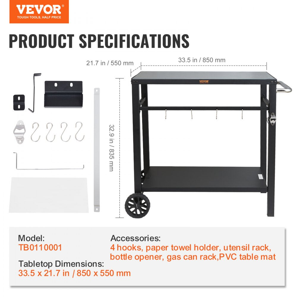 VEVOR Outdoor Grill Dining Cart with Double-Shelf, BBQ Movable Food Prep Table, Multifunctional Iron Table Top, Portable Modular Carts for Pizza Oven, Worktable with 2 Wheels, Carry Handle, Black
