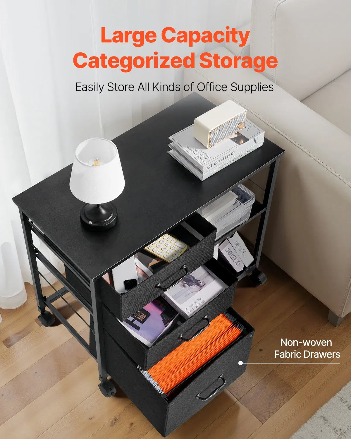 VEVOR Mobile Metal File Cabinet with 3 Fabric Drawers and 2 Open Shelves Black
