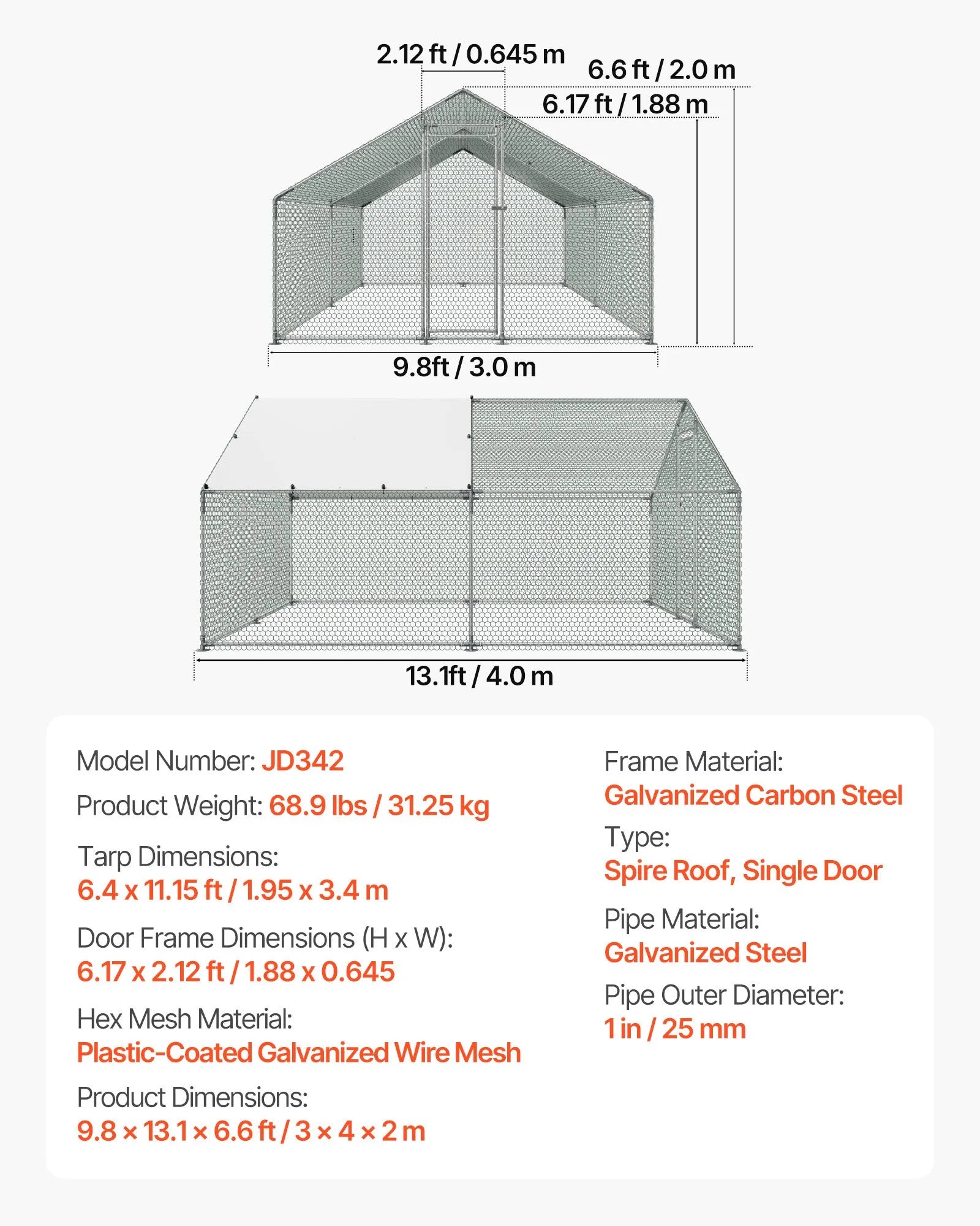 Large Walk-In Metal Chicken Coop with Waterproof Cover β 9.8 x 13.1 x 6.6 ft