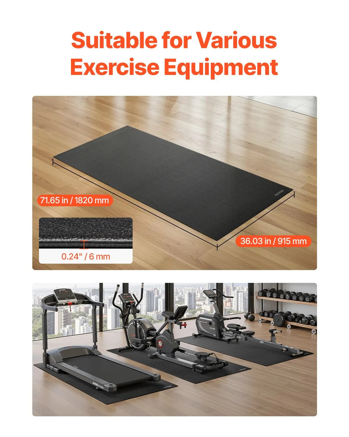 VEVOR Treadmill Mat for Carpet Floor 1/4" Thick 36"x72" Exercise Equipment Mat