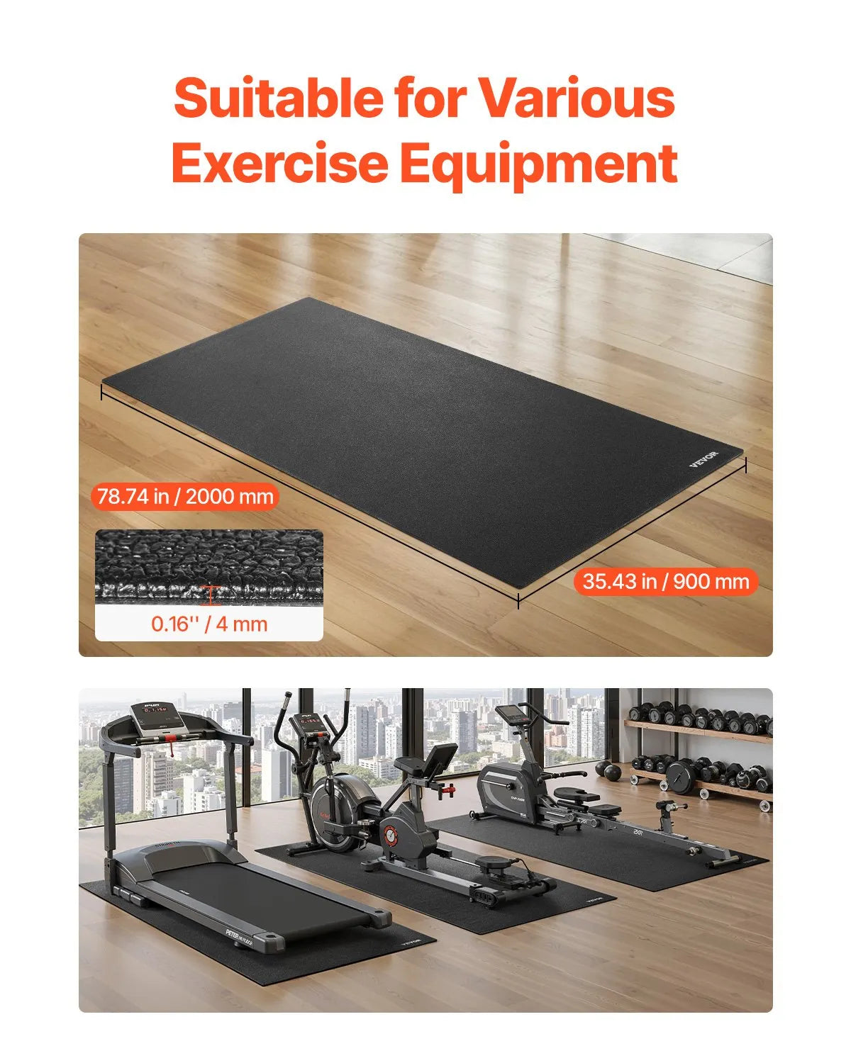 VEVOR Treadmill Mat for Carpet Floor 0.16" Thick 36"x79" Exercise Equipment Mat