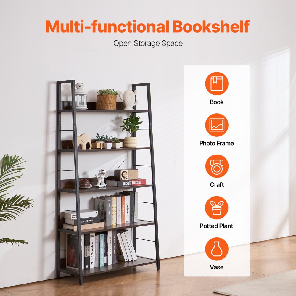 VEVOR Metal Bookshelf Rustic Bookcase 5-Tier for Living room Bedroom & Office