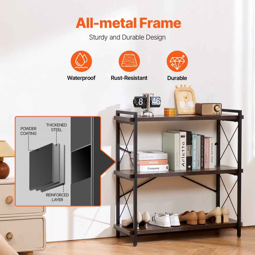 VEVOR Metal Bookshelf Rustic Bookshelf 3-Tier for Living room Bedroom & Office