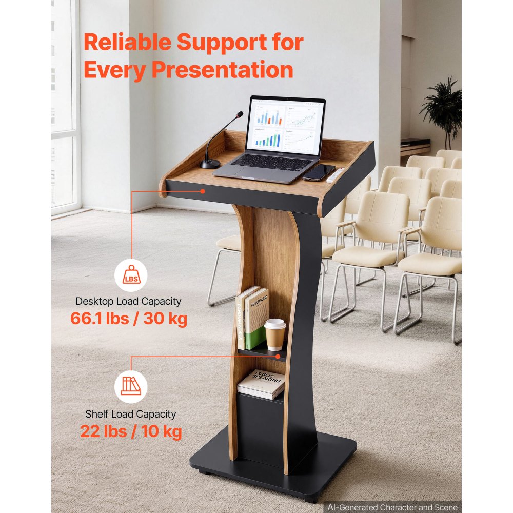 47-Inch Wooden Mobile Podium Lectern – Portable Presentation Stand with Storage Shelf, Book Stop & Locking Wheels