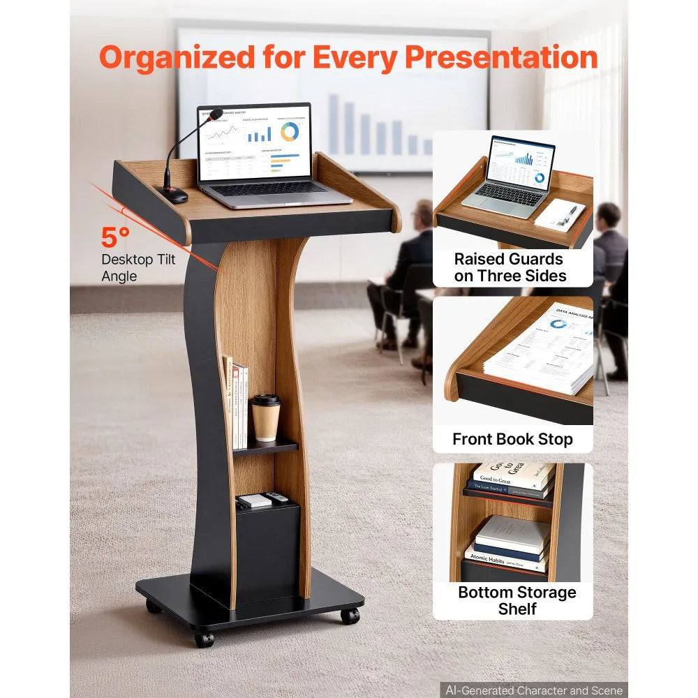 47-Inch Wooden Mobile Podium Lectern – Portable Presentation Stand with Storage Shelf, Book Stop & Locking Wheels