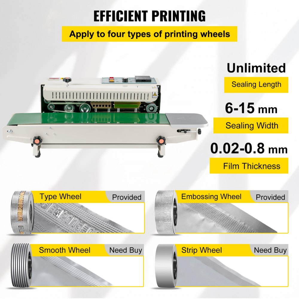 VEVOR Continuous Bag Band Sealing Machine FR900K Band Sealer Machine with Digital Temperature Control Horizontal Bag Sealer for 0.02-0.08 mm Plastic Bags Continuous Band Sealer w/ Printing Function