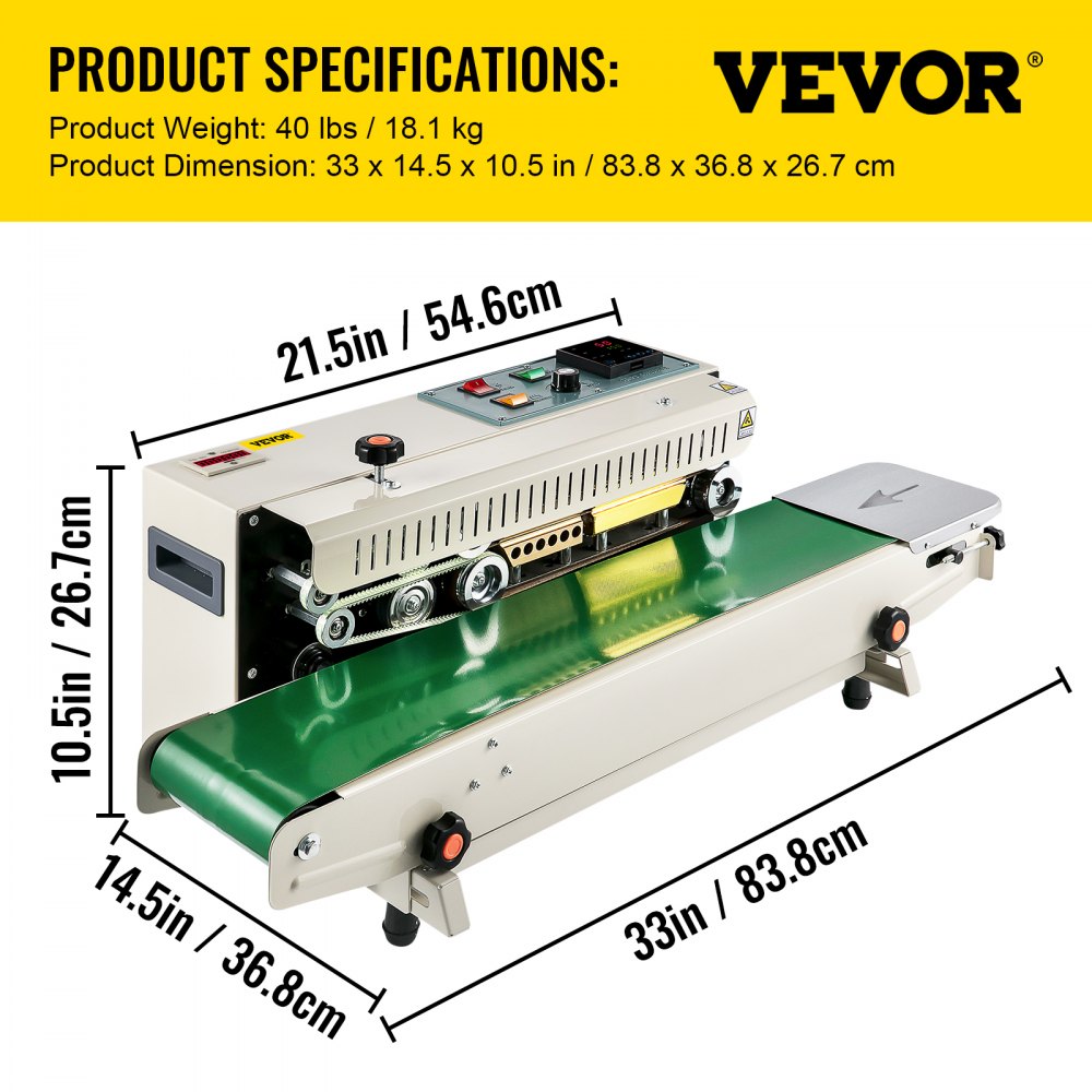VEVOR Continuous Bag Band Sealing Machine FR900K Band Sealer Machine with Digital Temperature Control Horizontal Bag Sealer for 0.02-0.08 mm Plastic Bags Continuous Band Sealer w/ Printing Function