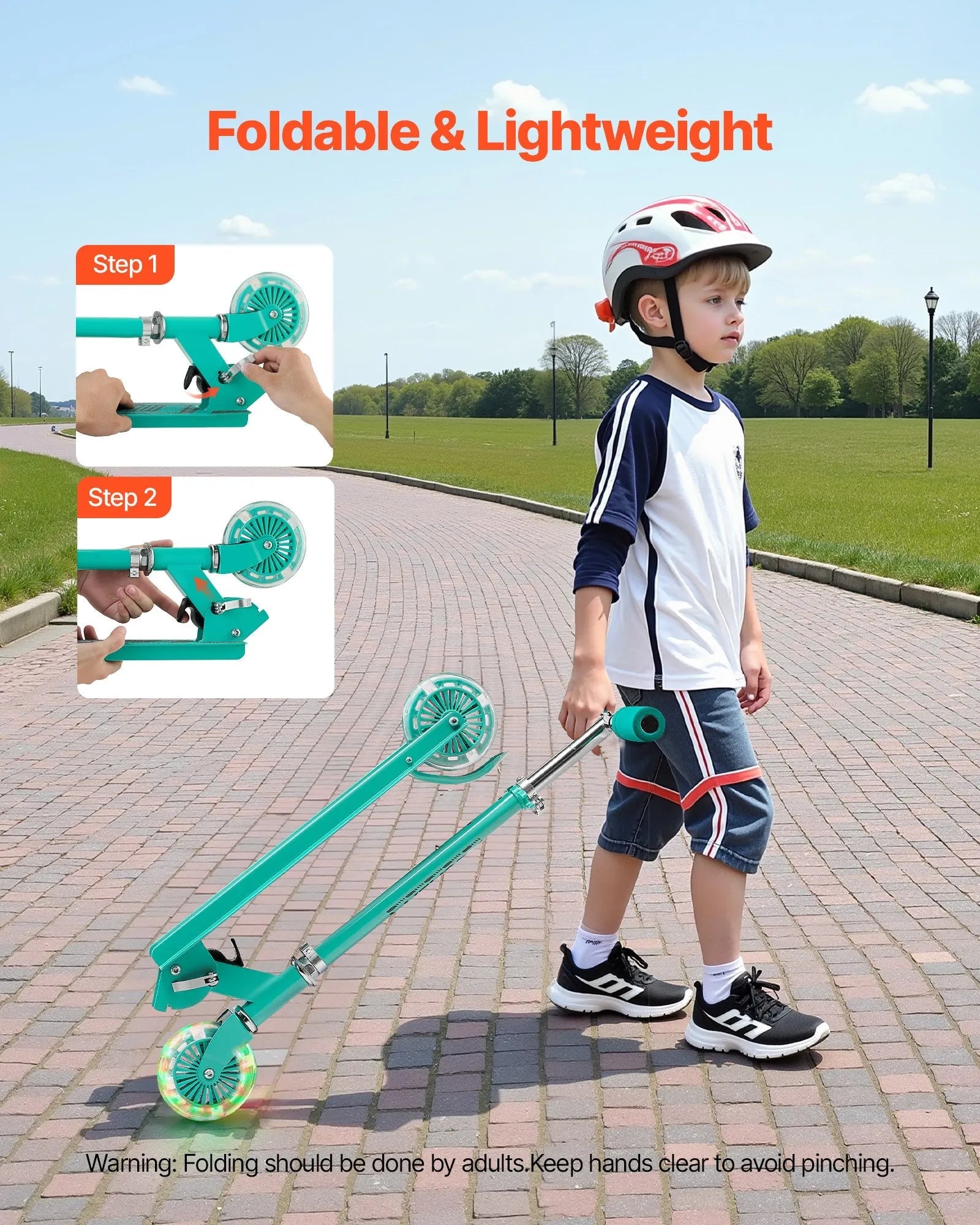 VEVOR Kick Scooter for Kids Ages 3+, 2-Wheel Toddler Scooter with Light-Up Wheels, Adjustable Height Handlebar, Wide Anti-Slip Deck, Foldable Lightweight Frame for Boys & Girls up to 110 lbs, Green