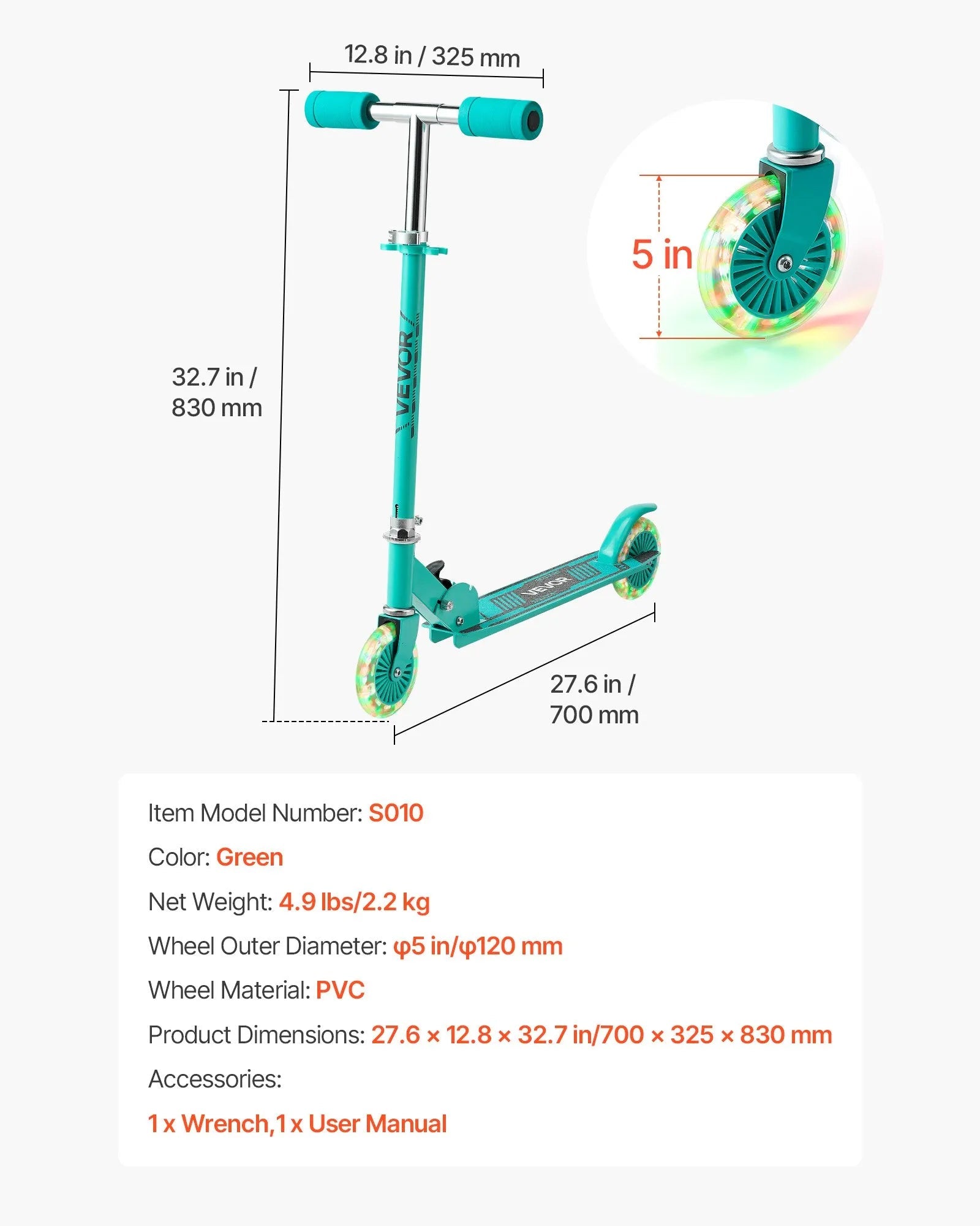 VEVOR Kick Scooter for Kids Ages 3+, 2-Wheel Toddler Scooter with Light-Up Wheels, Adjustable Height Handlebar, Wide Anti-Slip Deck, Foldable Lightweight Frame for Boys & Girls up to 110 lbs, Green