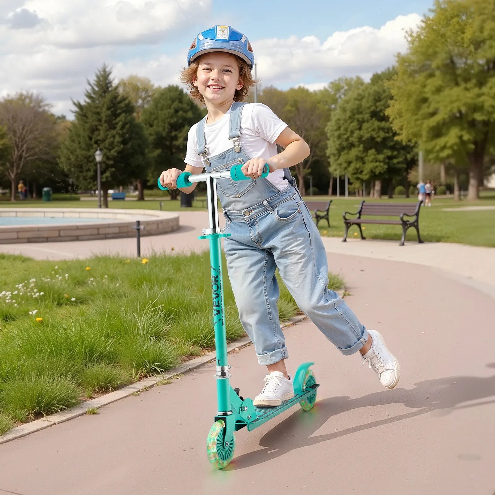 VEVOR Kick Scooter for Kids Ages 3+, 2-Wheel Toddler Scooter with Light-Up Wheels, Adjustable Height Handlebar, Wide Anti-Slip Deck, Foldable Lightweight Frame for Boys & Girls up to 110 lbs, Green