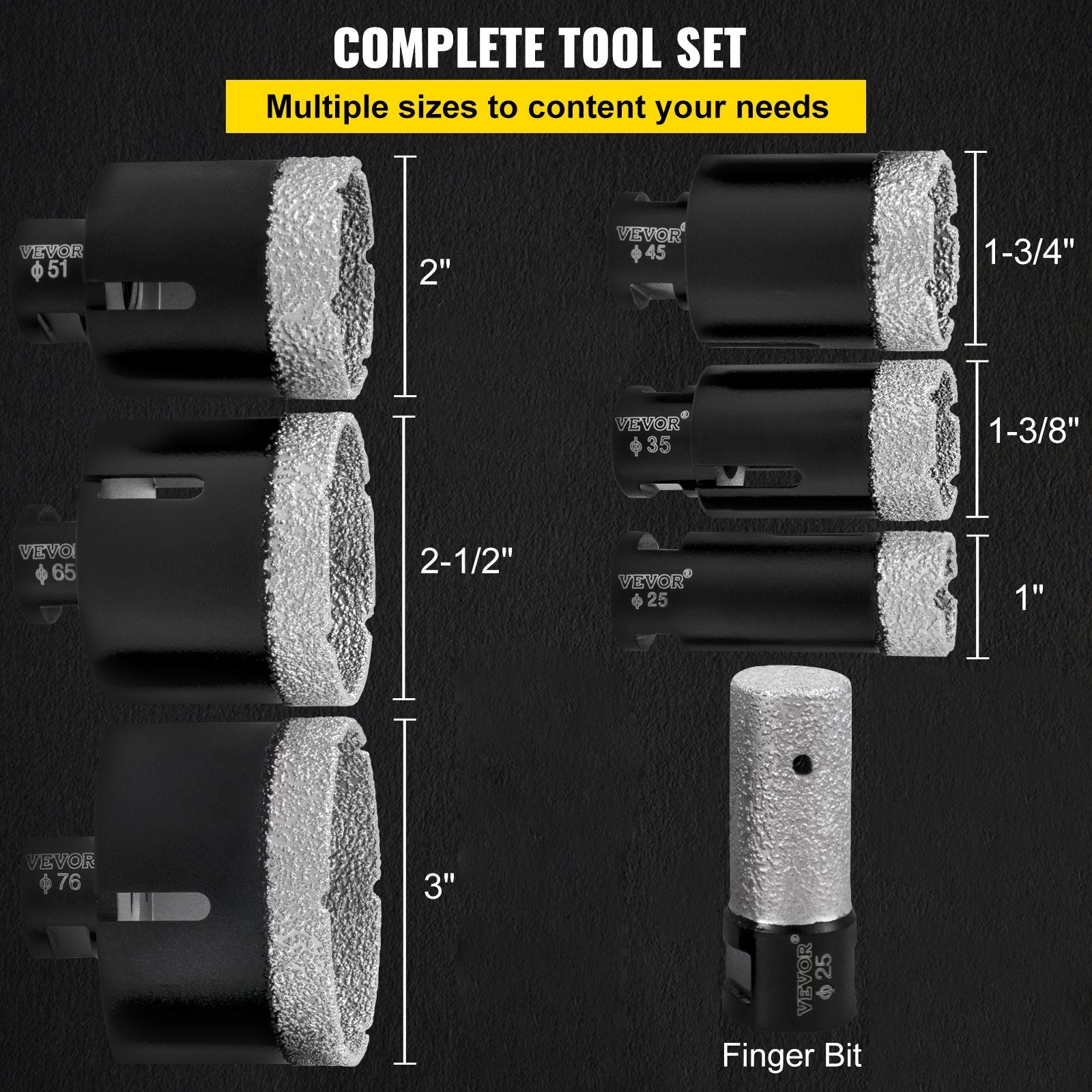 VEVOR Diamond Drill Bits 6/8/10/13/19/25/32/51 mm Diamond Hole Saw Brazed Tile 0.59in Segment Finger Bit SDS Tile Hole Saw Kit with a Blade for Tile Ceramic Porcelain Marbl 5/8\"-11 Female Thread