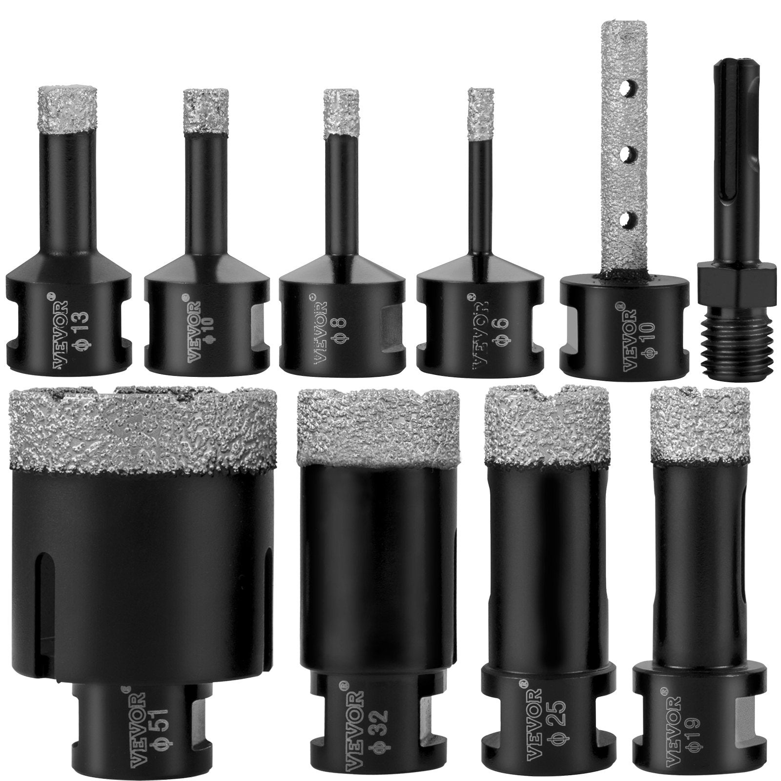 VEVOR Diamond Drill Bits 6/8/10/13/19/25/32/51 mm Diamond Hole Saw Brazed Tile Hole Saw Kit 0.59in Segment Diamond Drill Bit Finger Bit SDS Tile Hole Saw with a Blade for Tile Ceramic Porcelain Marbl