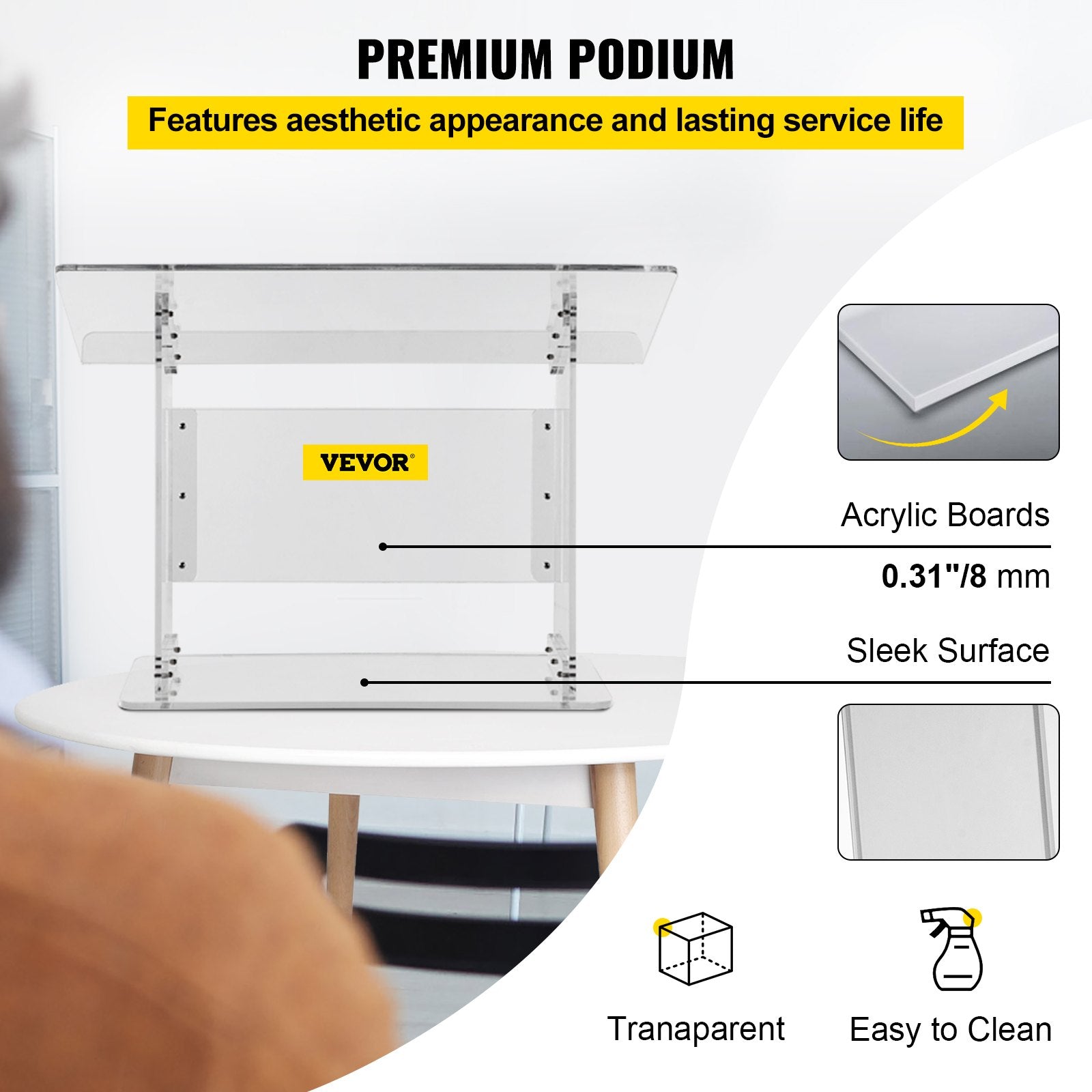 VEVOR Tabletop Acrylic Podium 19.5" Tall Plexiglass Podium 27"x13.7" Table Acrylic Pulpits for Churches Slanted Surface with Lip for Book Holder Clear Lectern for Lecture Recital Speech & Presentation