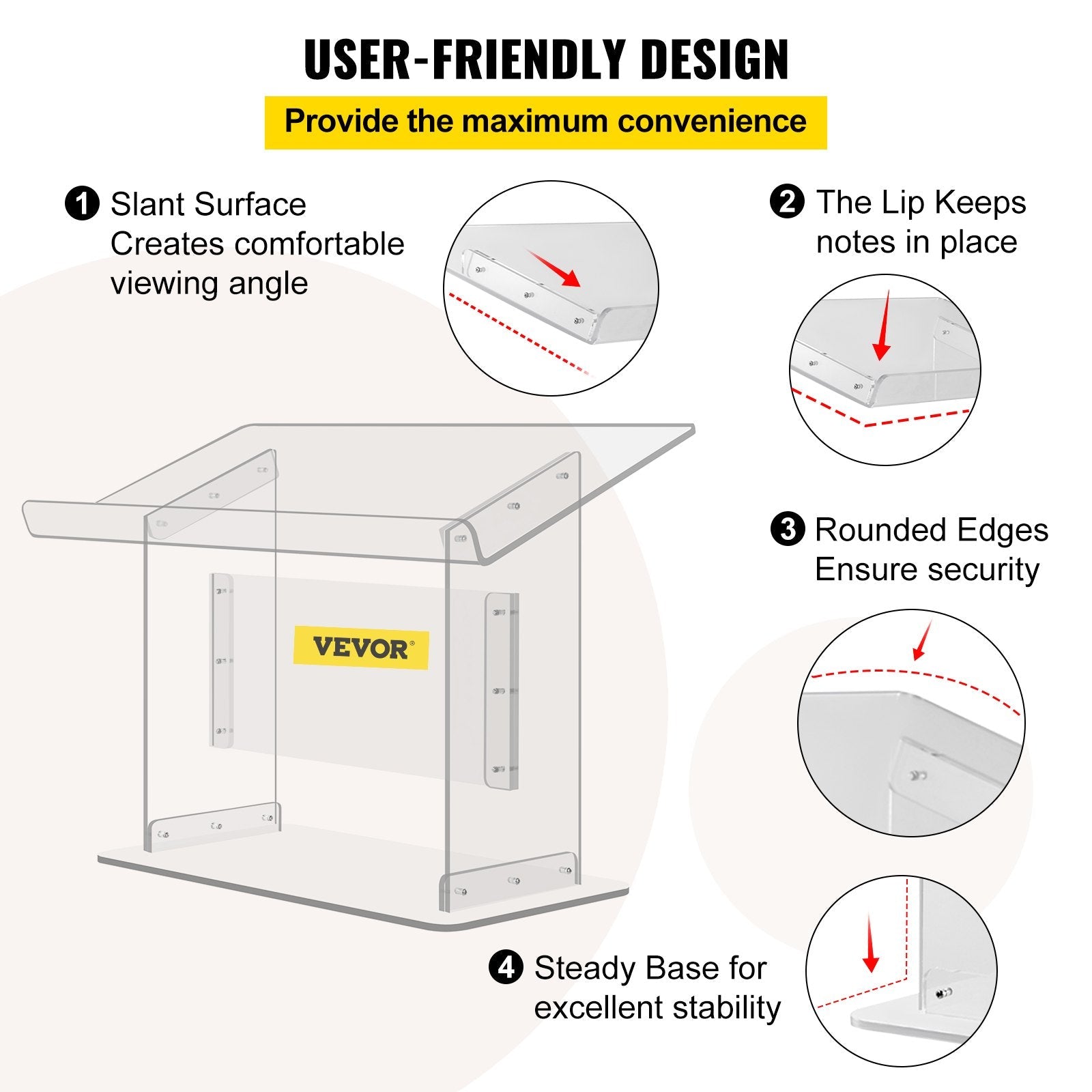 VEVOR Tabletop Acrylic Podium 19.5" Tall Plexiglass Podium 27"x13.7" Table Acrylic Pulpits for Churches Slanted Surface with Lip for Book Holder Clear Lectern for Lecture Recital Speech & Presentation