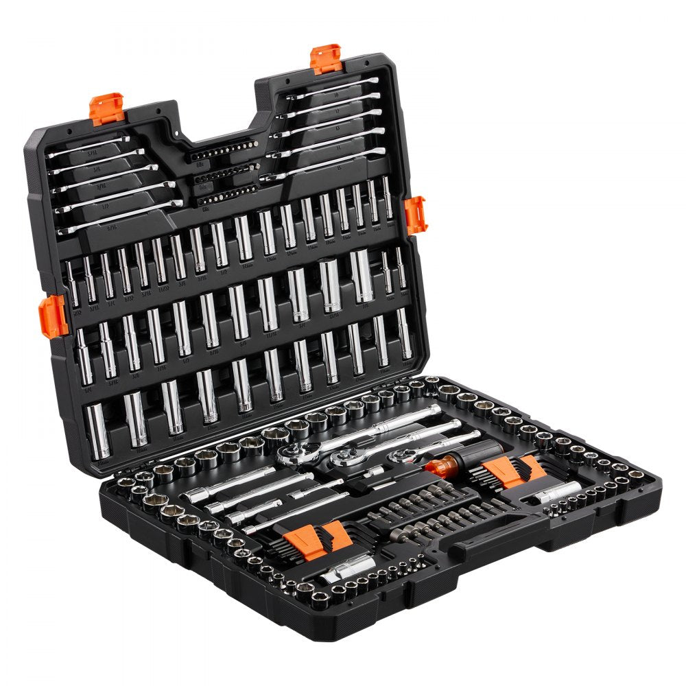 VEVOR Mechanics Tool Set and Socket Set, 1/4" 3/8" 1/2" Drive Deep and Standard Sockets, 205 Pcs SAE and Metric Mechanic Tool Kit with Bits, Combination Wrench, Hex Wrenches, Accessories, Storage Case