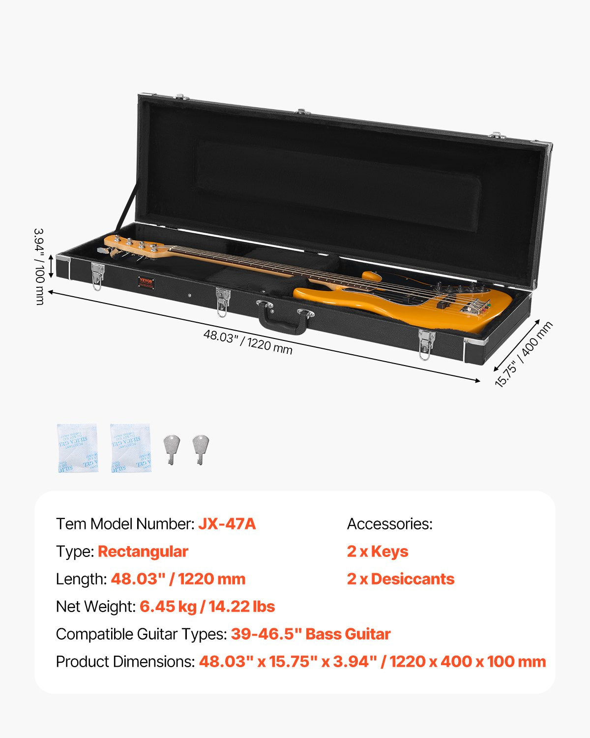 VEVOR Bass Guitar Hard Case 48.03 in Waterproof With Lock And Key for Bass Guitar