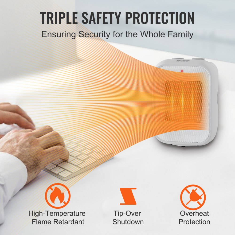 VEVOR Portable Electric Space Heater with Thermostat, 1000W/1500W 2-Level Adjustable Quiet Ceramic Heater Fan, 9 in Tip-Over Shutdown Flame-Retardant PP Small Heaters for Office Room Desk Indoor Use