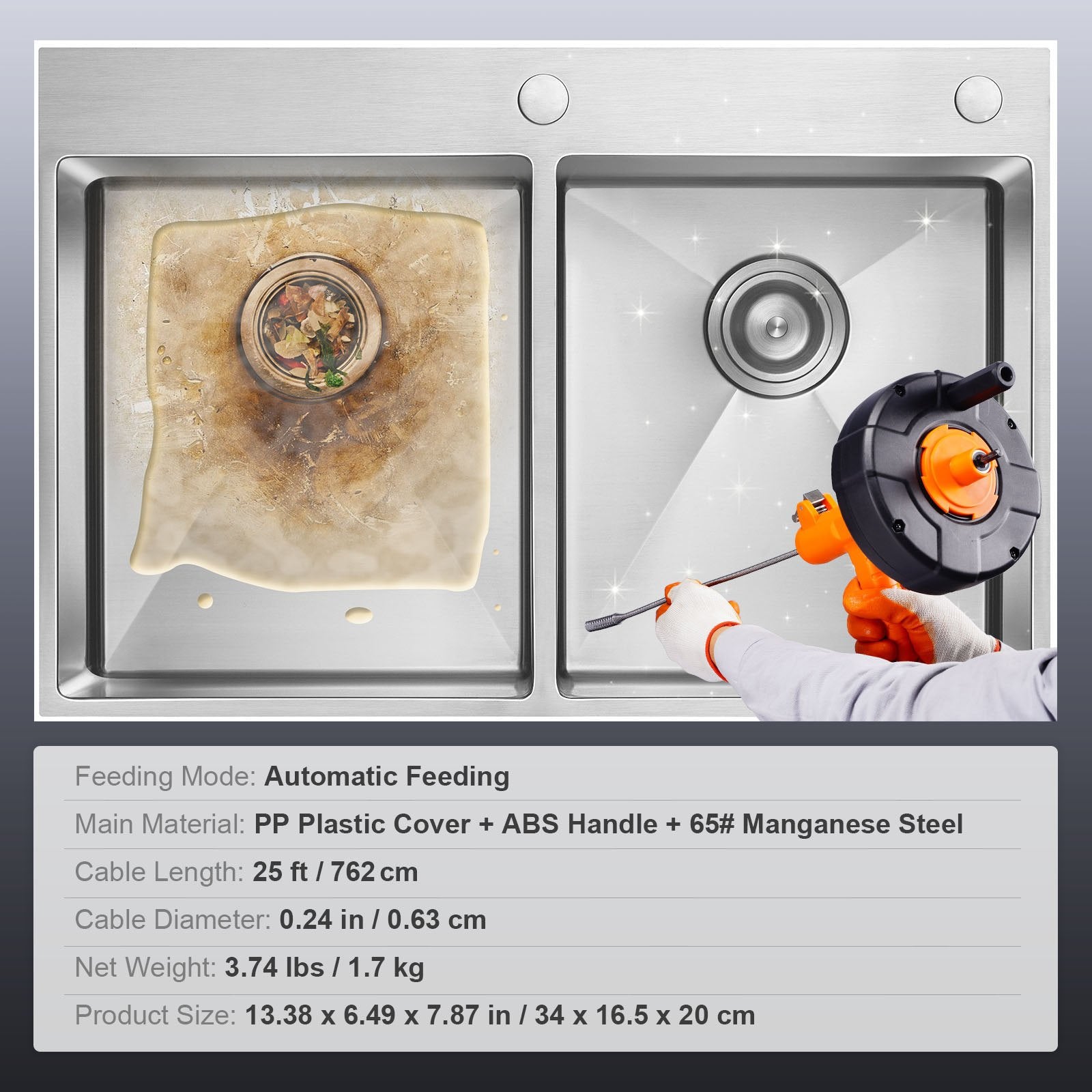 VEVOR Drain Auger, 25ft 1/4in Heavy Duty Flexible Drum Plumbing Drain Snake with Drill Adapter, Use Manually/Powered Steel Cable Clog Remover, Kitchen Bathrom Shower Sink with Gloves Autofeed Control