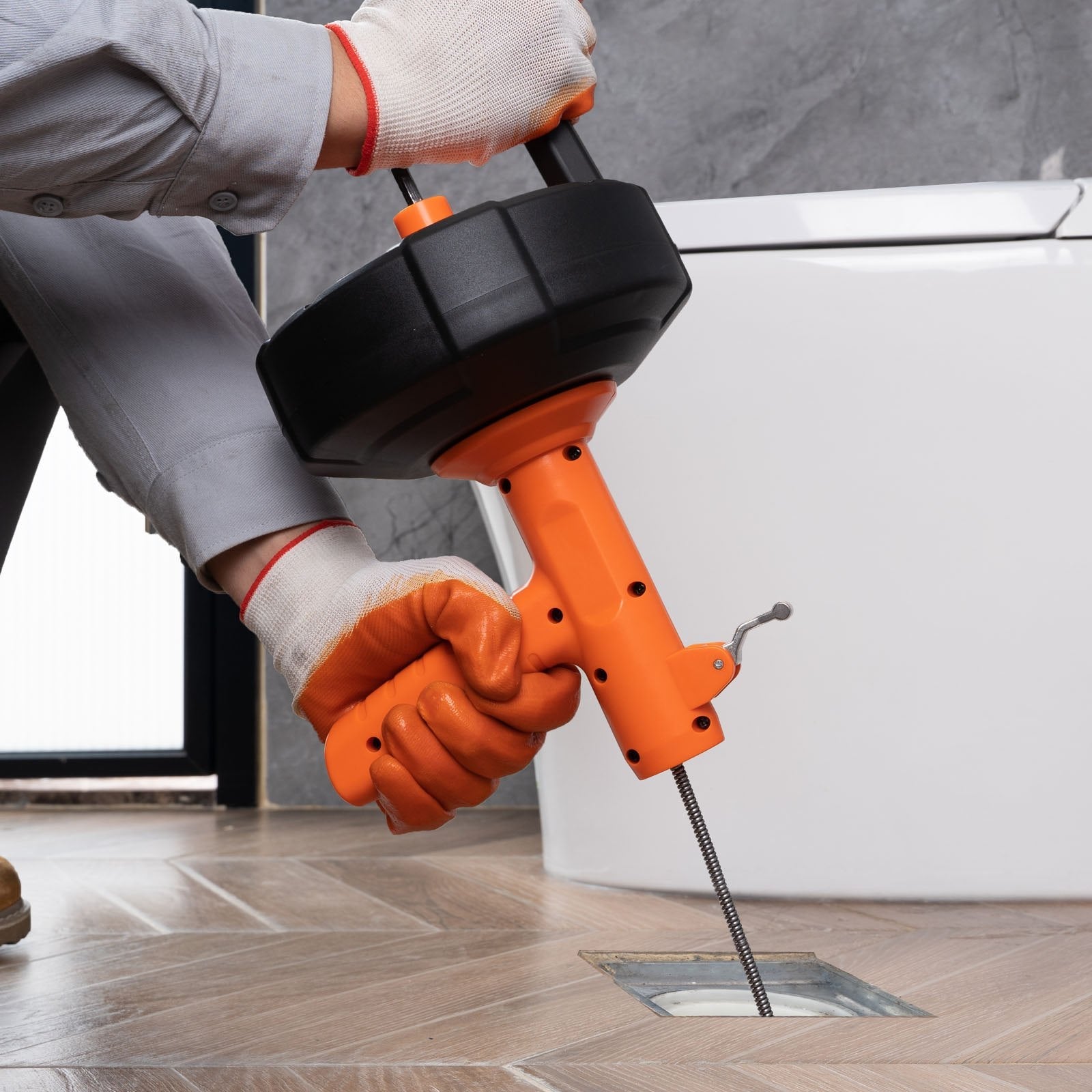 VEVOR Drain Auger, 25ft 1/4in Heavy Duty Flexible Drum Plumbing Drain Snake with Drill Adapter, Use Manually/Powered Steel Cable Clog Remover, Kitchen Bathrom Shower Sink with Gloves Autofeed Control