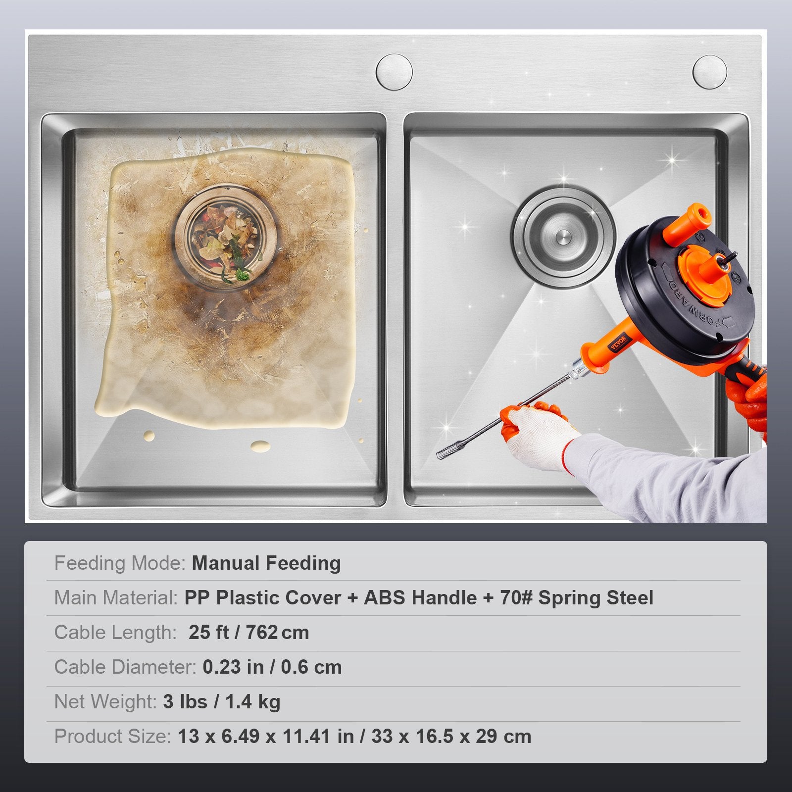 VEVOR Drain Auger, 25ft 1/4in Heavy Duty Flexible Drum Plumbing Drain Snake with Drill Adapter, Use Manually/Powered Steel Cable Clog Remover, Kitchen Bathrom Shower Sink with Gloves Handfeed Control