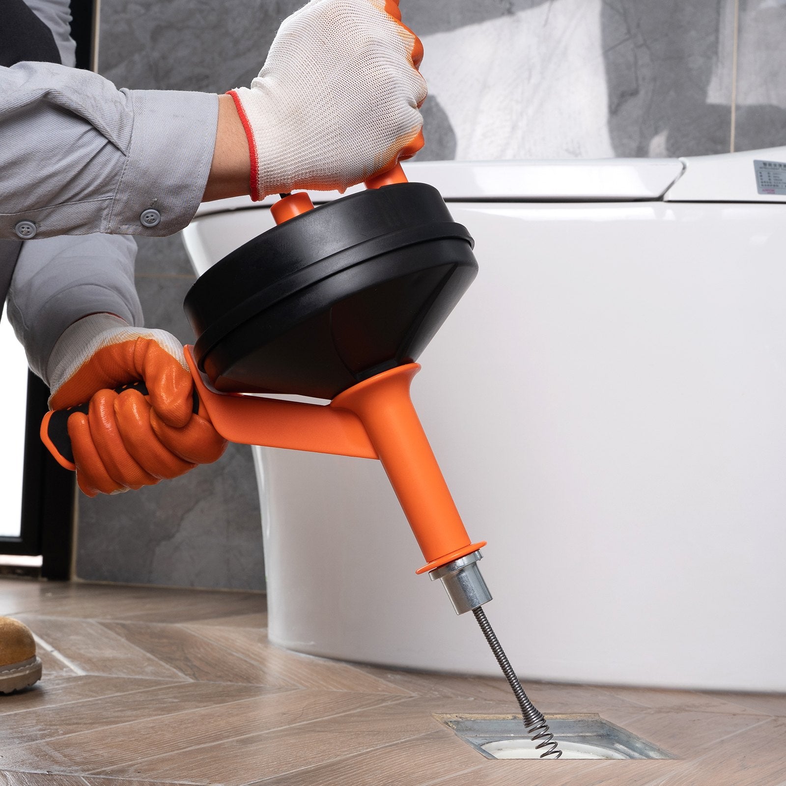 VEVOR Drain Auger, 25ft 1/4in Heavy Duty Flexible Drum Plumbing Drain Snake with Drill Adapter, Use Manually/Powered Steel Cable Clog Remover, Kitchen Bathrom Shower Sink with Gloves Handfeed Control