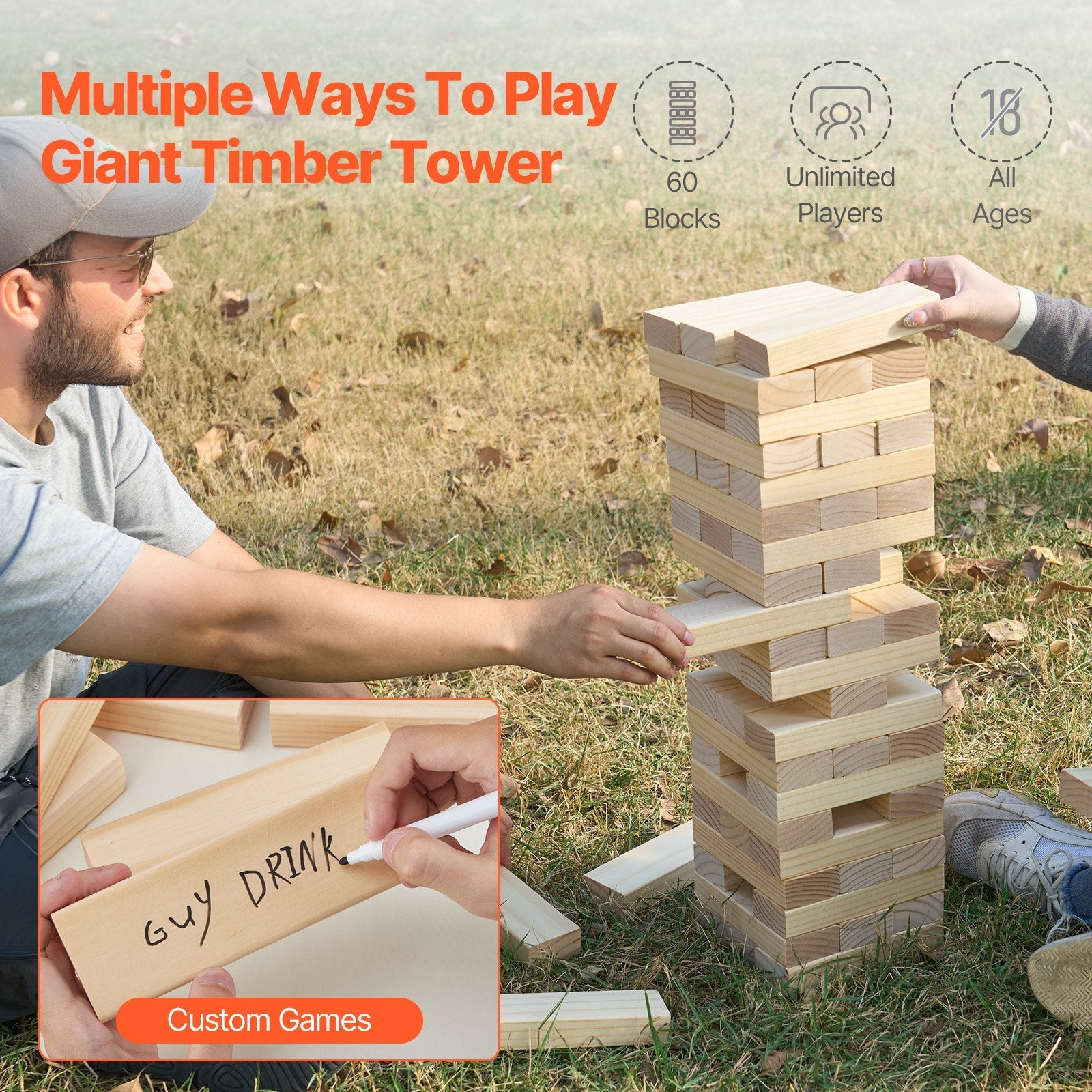VEVOR Tumbling Timber Toy 54 Blocks Large Tumble Tower Blocks Game Pine Wood Bag