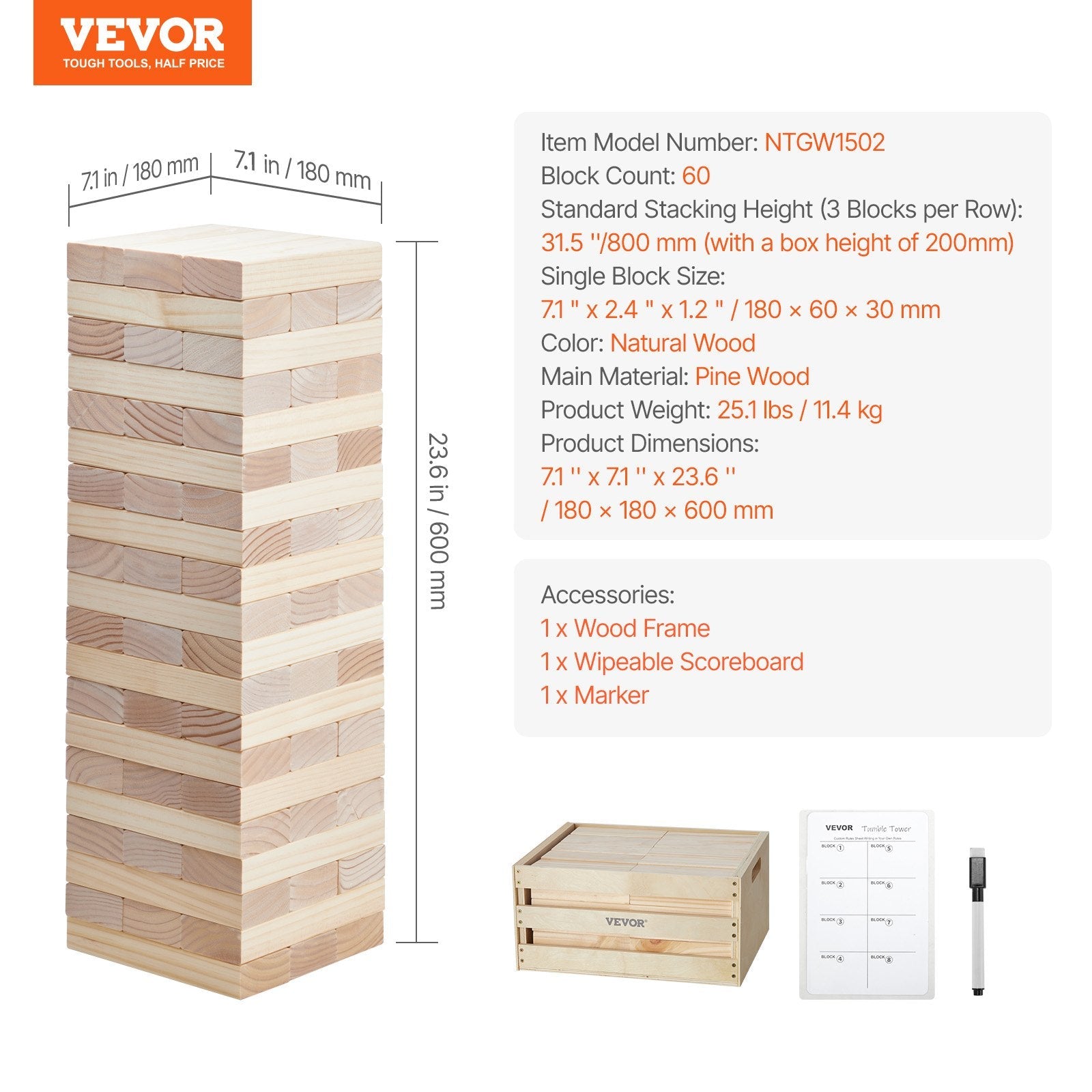 VEVOR Tumbling Timber Toy 54 Blocks Large Tumble Tower Blocks Game Pine Wood Bag
