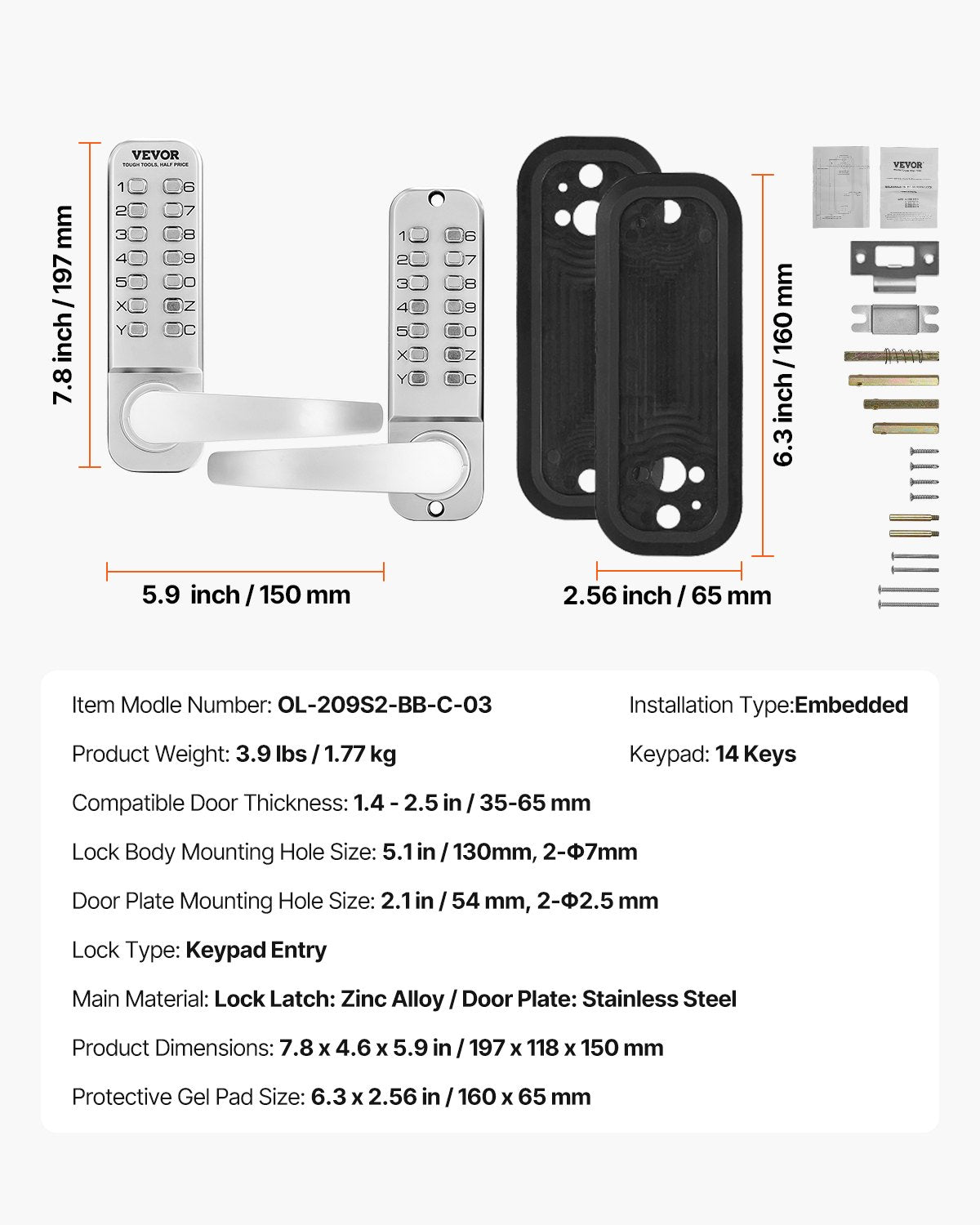 VEVOR Mechanical Keyless Entry Door Lock 14 Key Mechanical Keypad Lock Sliver