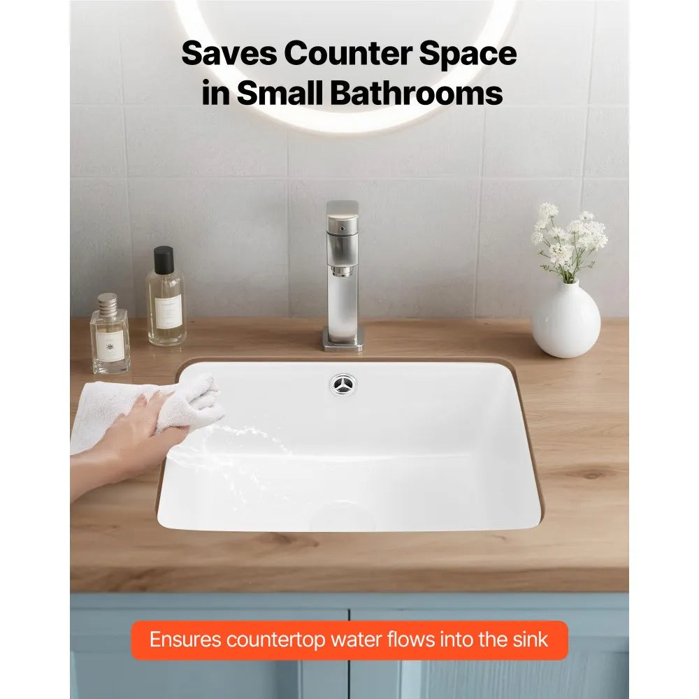 Undermount Rectangular Bathroom Sink, White Ceramic Vanity Basin with Overflow, 15.75" x 12.01"