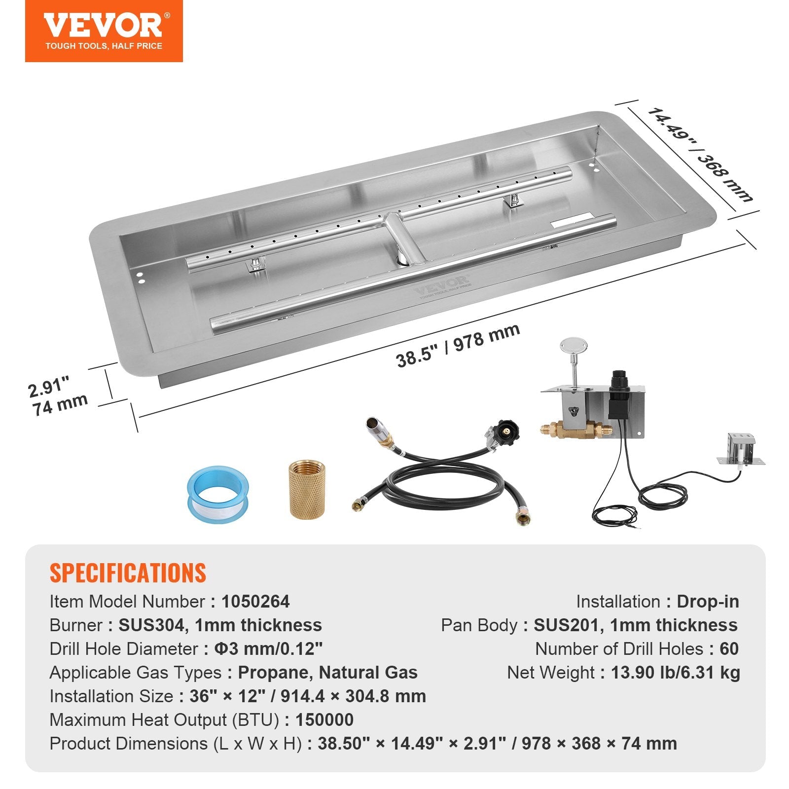 VEVOR 36 x 12 inch Drop-in Fire Pit Pan, Rectangular Stainless Steel Fire Pit Burner Kit, Natural & Propane Gas Fire Pan 150,000 BTU with H-Burner for Indoor or Outdoor Use