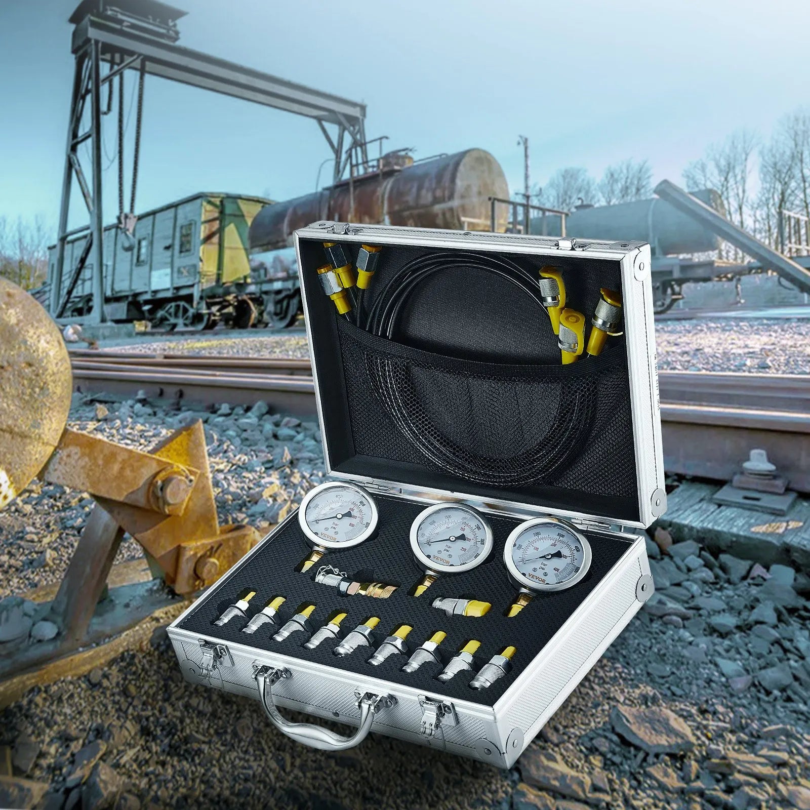 VEVOR Hydraulic Pressure Test Kit, 250/400/600bar, 3 Gauges 11 Test Couplings 3 Test Hoses, Excavator Hydraulic Test Gauge Set with Portable Carrying Case for Excavator Tractors Construction Machinery