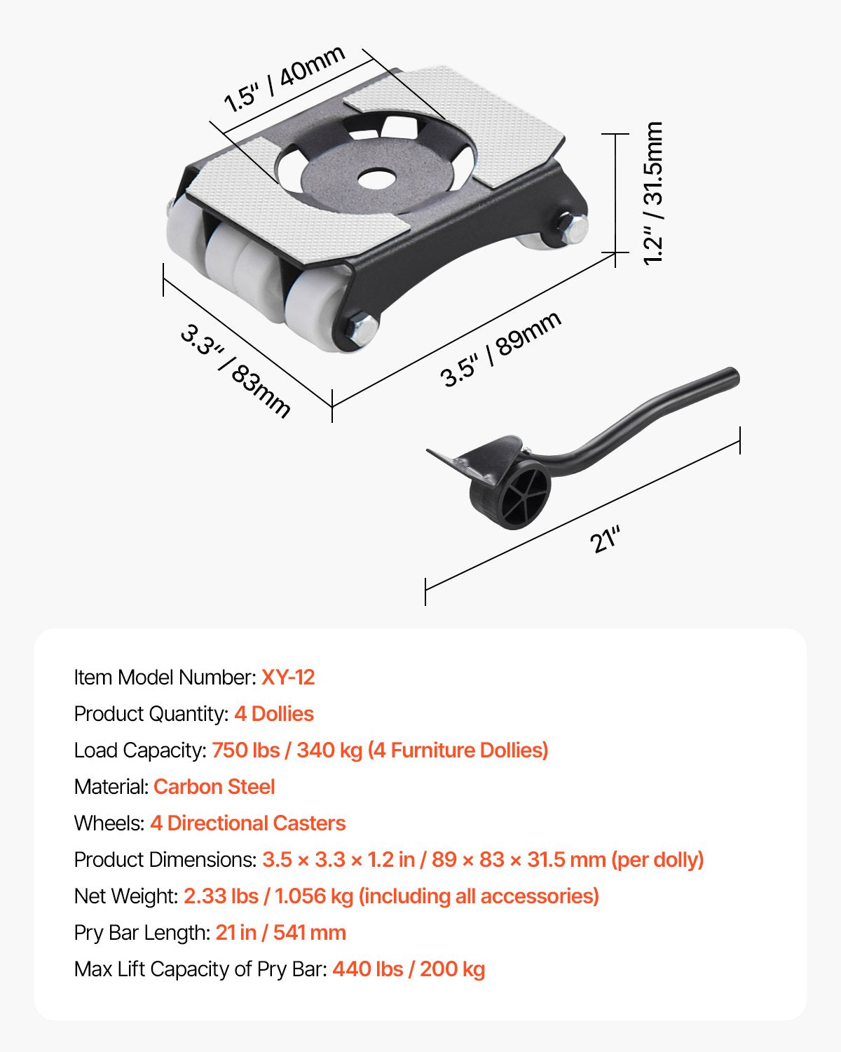 VEVOR Furniture Dolly Heavy Duty Furniture Movers with Casters 750 lbs Capacity