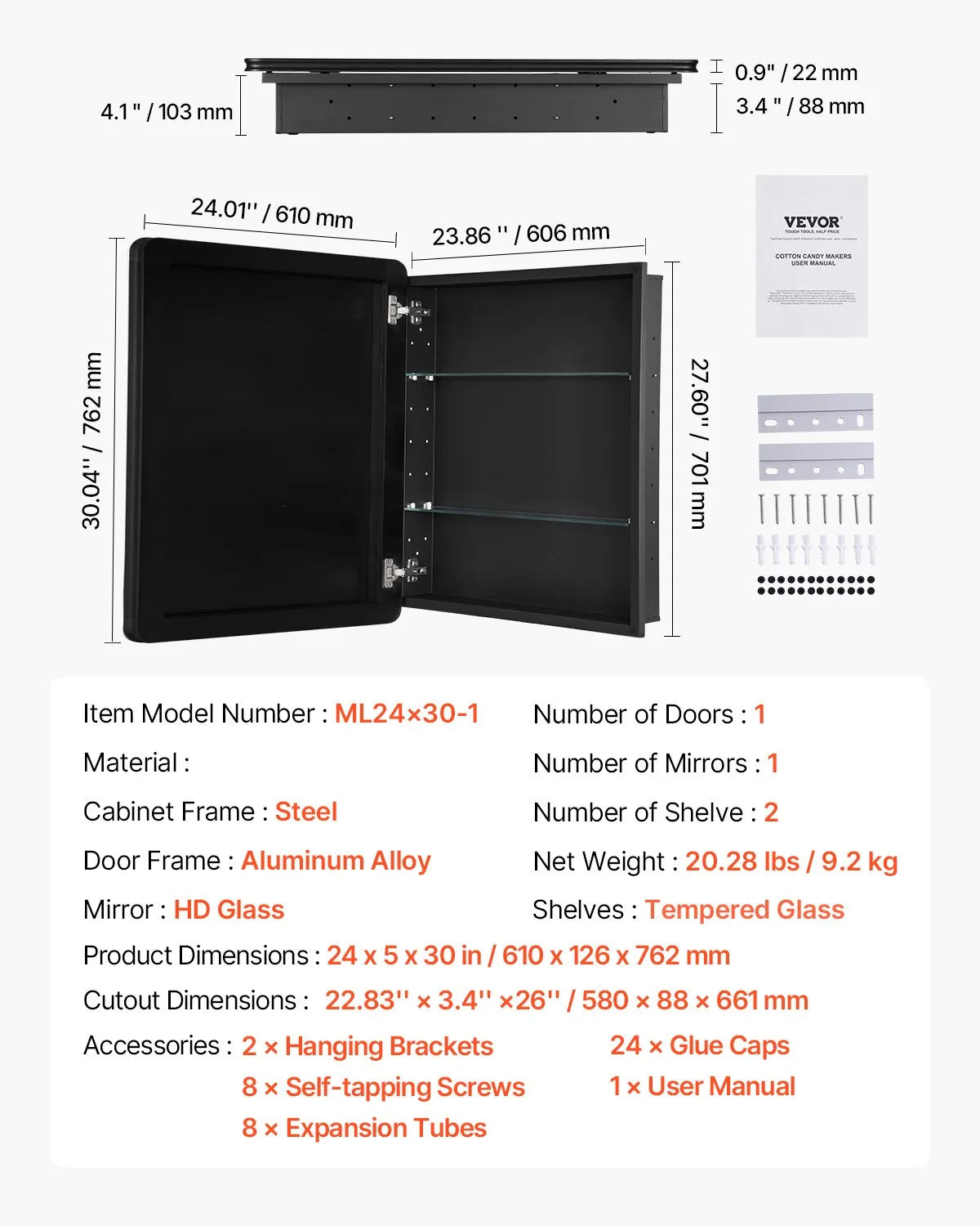 VEVOR Medicine Cabinet 24" x 30" Mirror Medicine Cabinet Adjustable Shelves