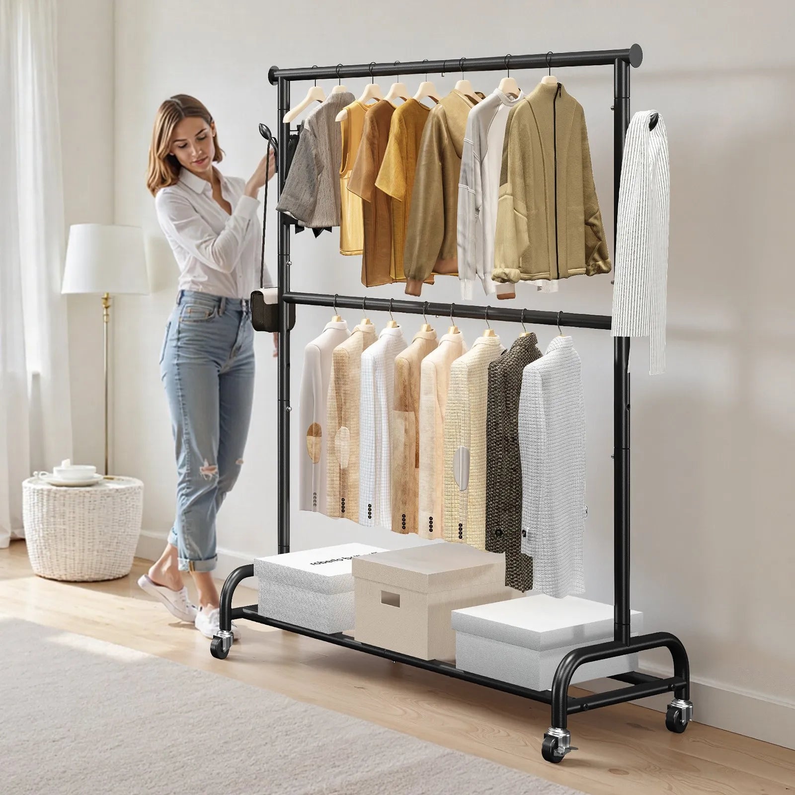 VEVOR Clothes Rack, Rolling Clothing Garment Rack with Adjustable Crossbar and Side Hooks, 150 lbs Load Capacity, Heavy Duty Carbon Steel Clothing Racks with Wheels for Bedroom, Laundry, Living Room