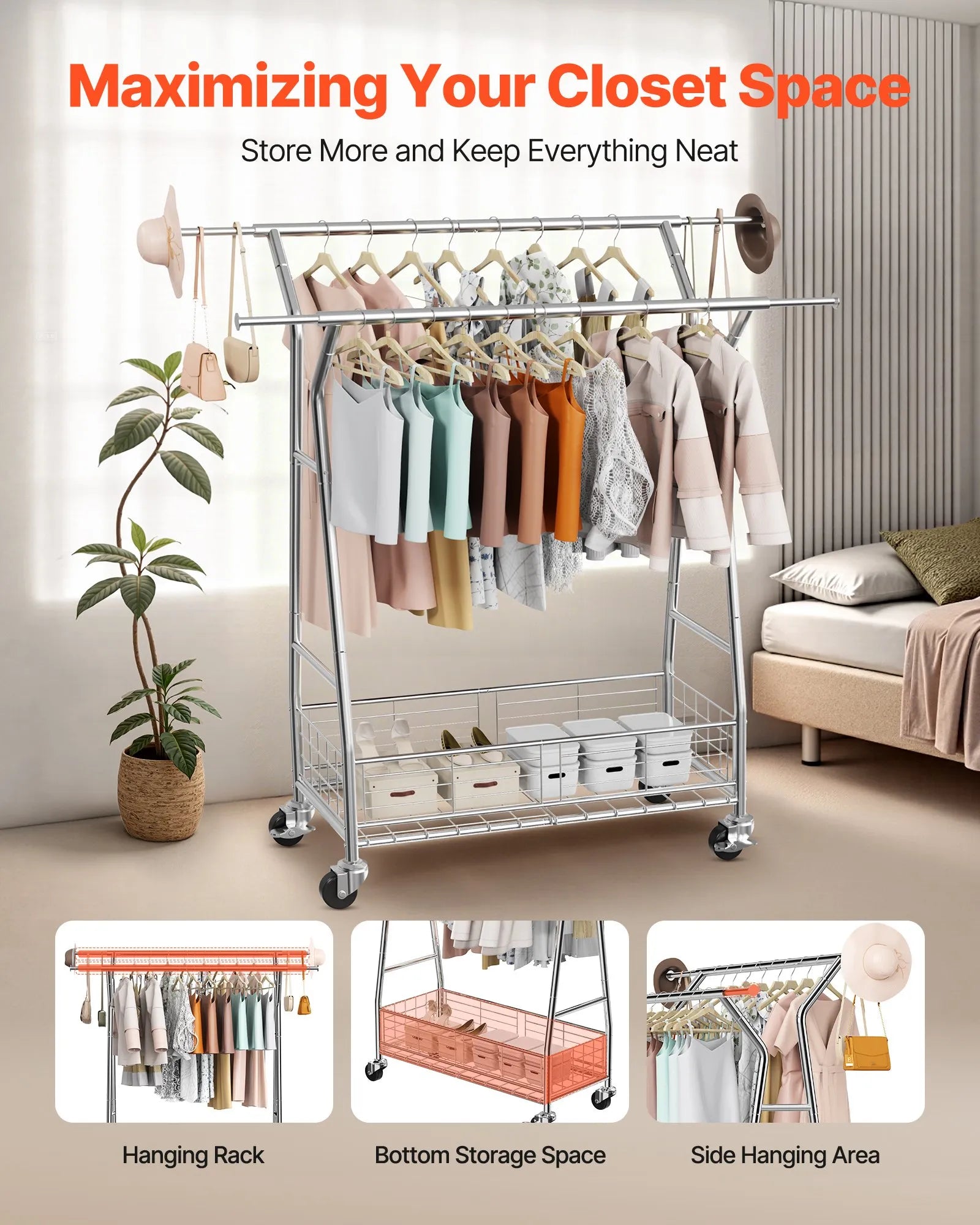 VEVOR Clothes Rack, Rolling Clothing Garment Rack with 2 Hanging Rods and Storage Basket, 330 lbs Load Capacity, Extendable Carbon Steel Clothing Racks with Wheels for Bedroom, Laundry, Living Room