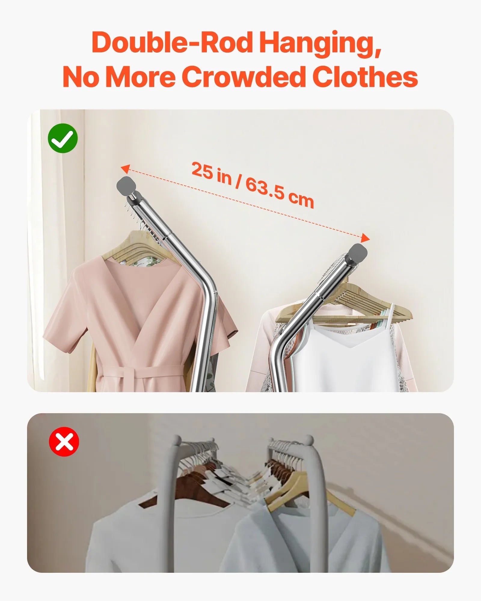 VEVOR Clothes Rack, Rolling Clothing Garment Rack with 2 Hanging Rods and Storage Basket, 330 lbs Load Capacity, Extendable Carbon Steel Clothing Racks with Wheels for Bedroom, Laundry, Living Room