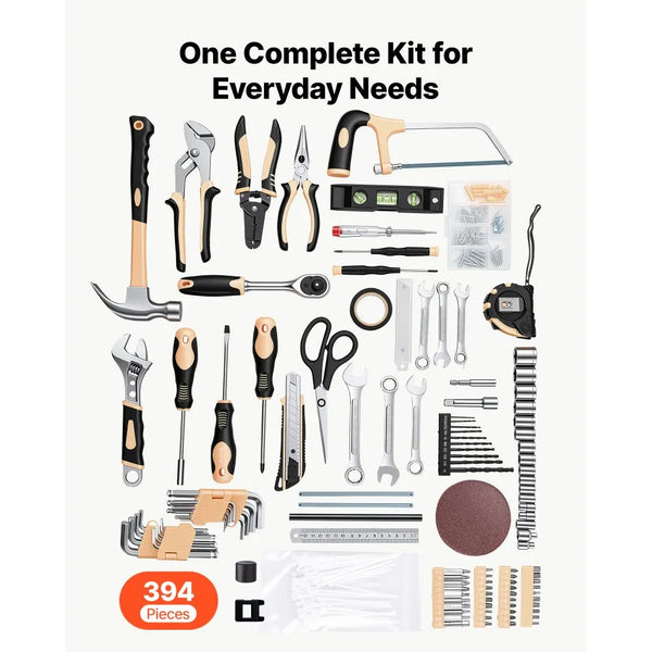 394-Piece Household Tool Kit with Portable Storage Case, Hammer, Pliers, Wrenches & Screwdrivers for Home Repairs and DIY Projects