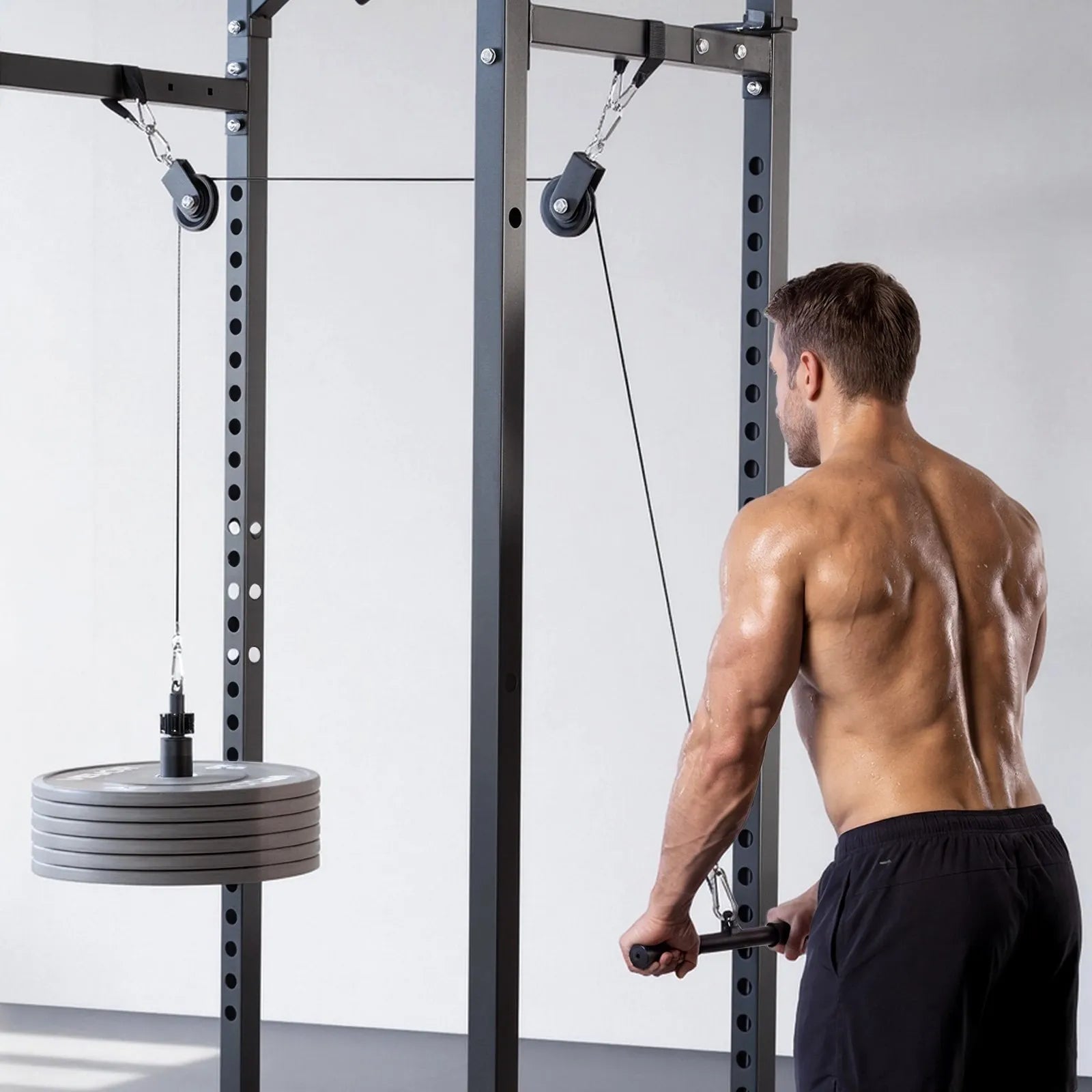 LAT & Lift Pulley System (2 PCS) Gym Cable Attachment with Steel Cables, Short Bar & Dual Grip Handles, 330 lb Capacity