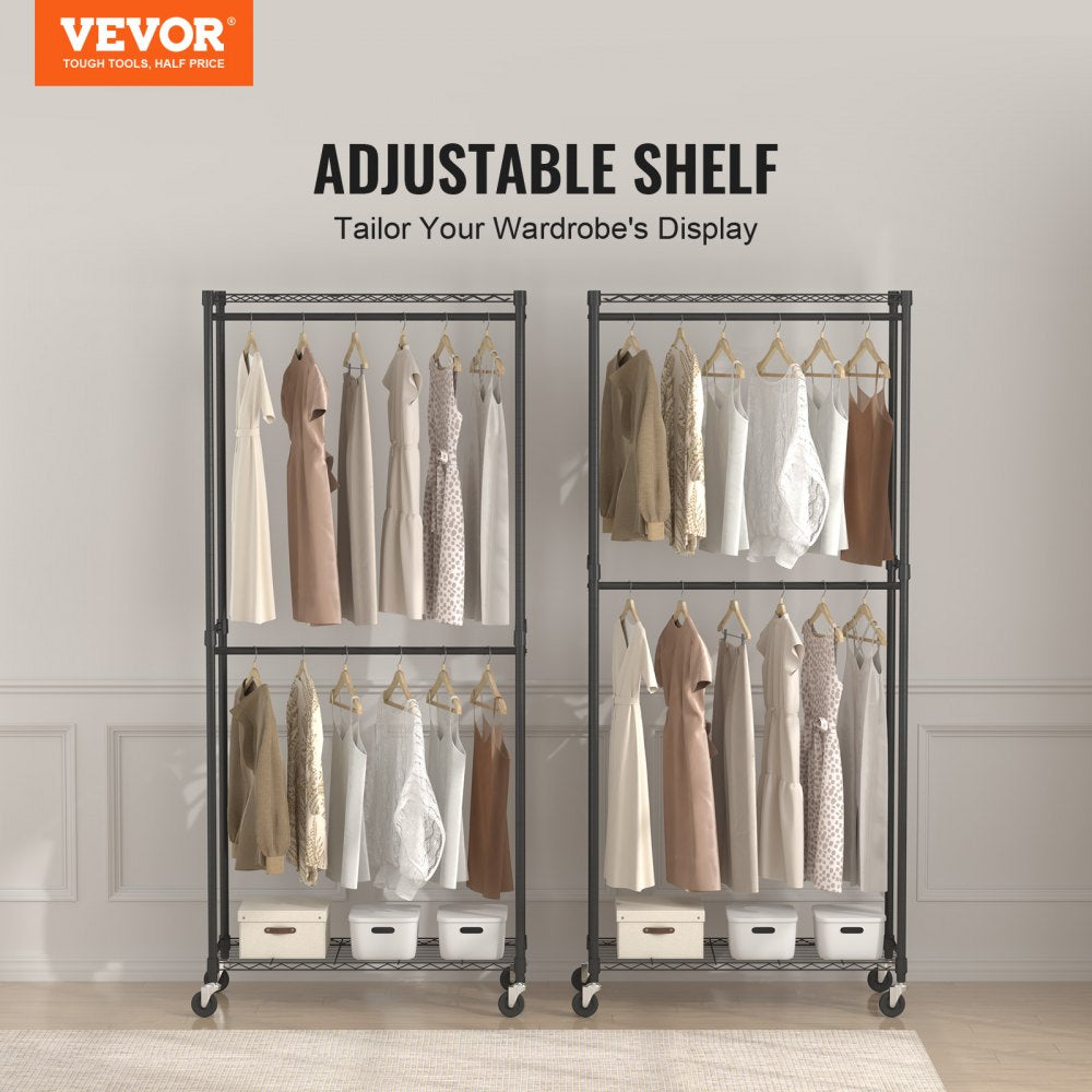 VEVOR Heavy Duty Clothes Rack, Double Hanging Rods Clothing Garment Rack with Bottom and Top Storage Tier, Rolling Clothing Rack for Hanging Clothes, 1'' Diameter Thicken Steel Tube Hold Up to 300Lbs