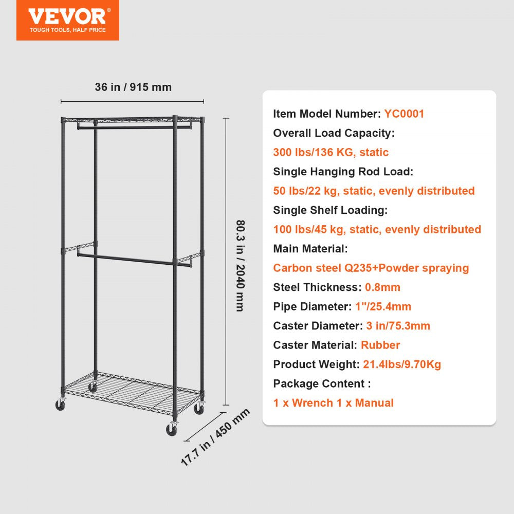 VEVOR Heavy Duty Clothes Rack, Double Hanging Rods Clothing Garment Rack with Bottom and Top Storage Tier, Rolling Clothing Rack for Hanging Clothes, 1'' Diameter Thicken Steel Tube Hold Up to 300Lbs