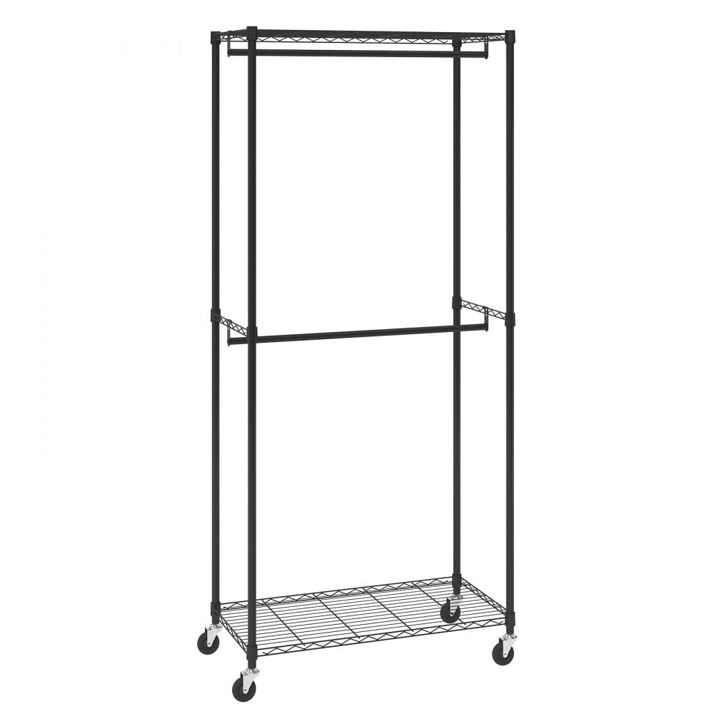 VEVOR Heavy Duty Clothes Rack, Double Hanging Rods Clothing Garment Rack with Bottom and Top Storage Tier, Rolling Clothing Rack for Hanging Clothes, 1'' Diameter Thicken Steel Tube Hold Up to 300Lbs
