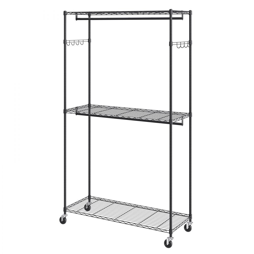 VEVOR Heavy Duty Clothes Rack, Rolling Clothing Garment Rack with 3 Storage Tiers, 2 Rods and 2 Pairs Side Hooks, Adjustable Height Clothing Rack Closet for Hanging Clothes, 400 Lbs Load Capacity