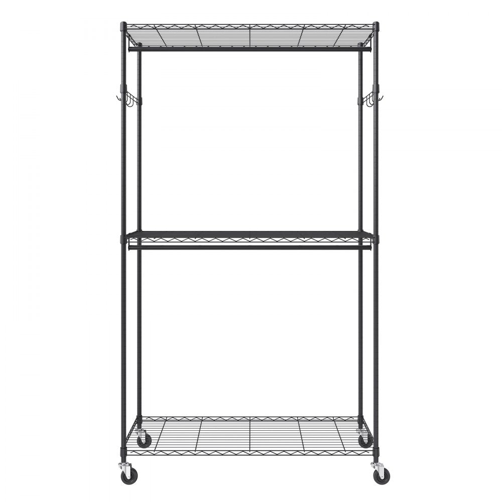 VEVOR Heavy Duty Clothes Rack, Rolling Clothing Garment Rack with 3 Storage Tiers, 2 Rods and 2 Pairs Side Hooks, Adjustable Height Clothing Rack Closet for Hanging Clothes, 400 Lbs Load Capacity