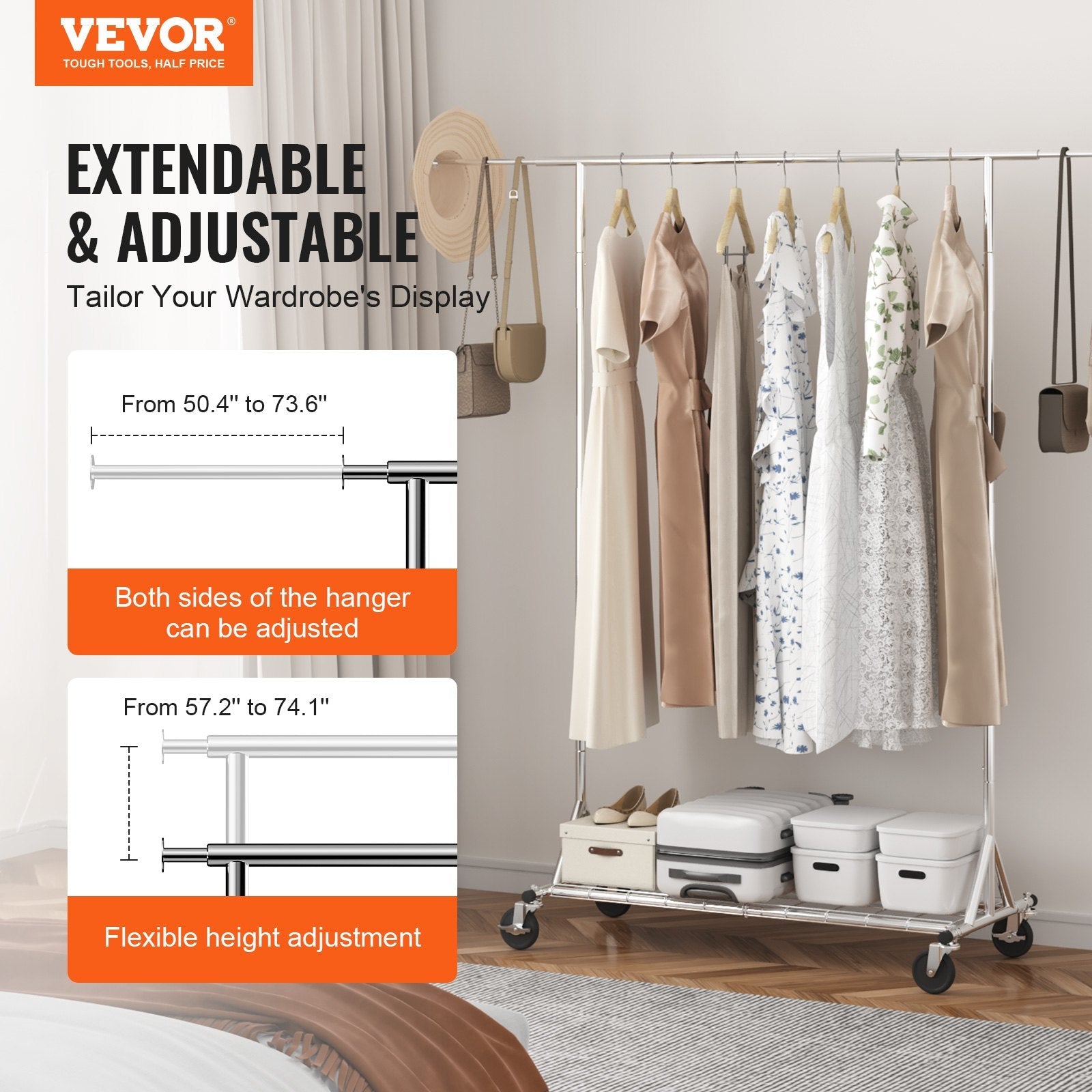 VEVOR Clothes Rack with Wheels, Heavy Duty Clothing Garment Rack, Commercial Clothing Rack for Hanging Clothes with Bottom Storage Area, 450 lbs Load Capacity, Adjustable Height and Extendable Length